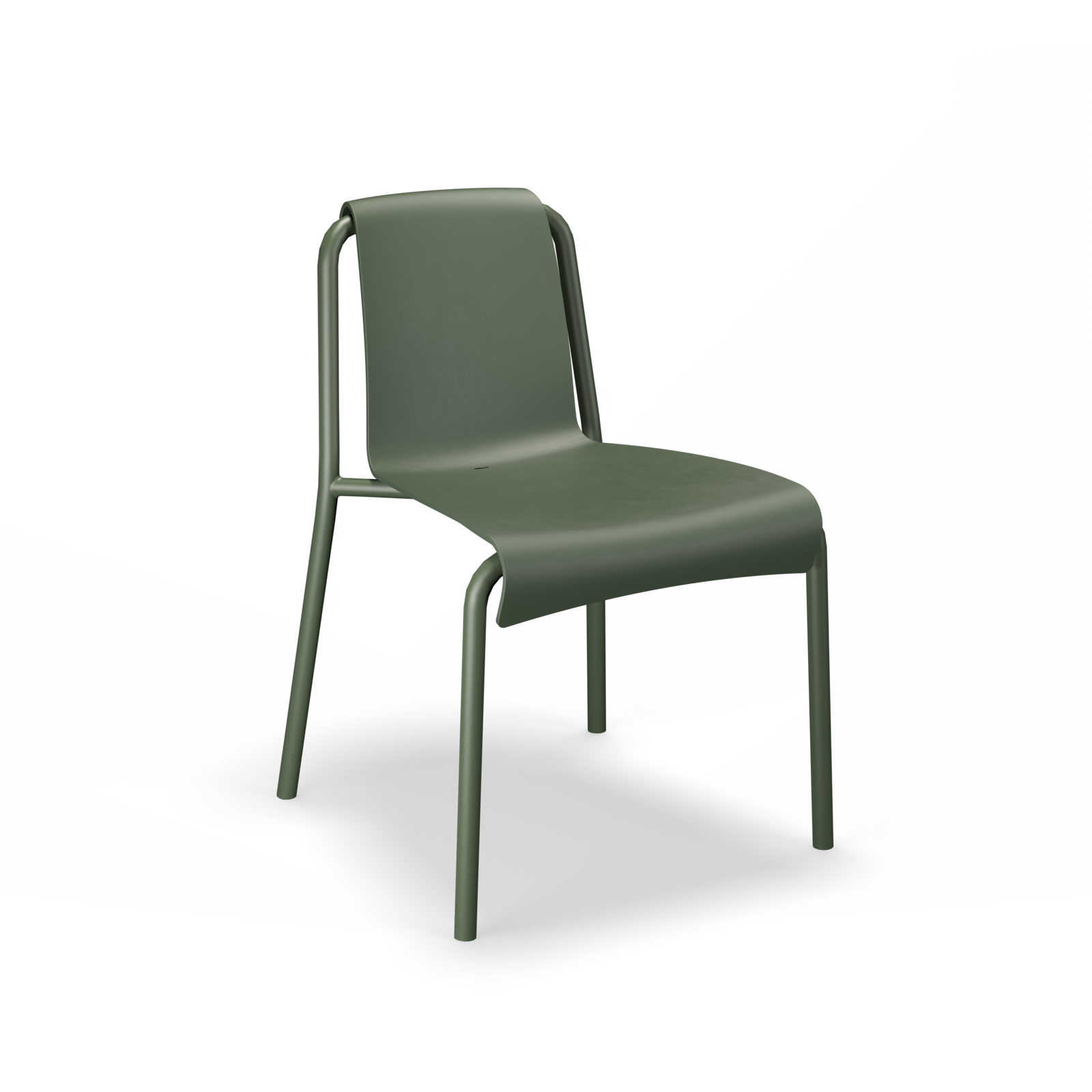 The Nami Dining Chair without Armrest by Houe features a sleek, minimalist design with a green, smooth seat and backrest made from Danish household plastic waste, supported by four thin powder-coated steel legs.