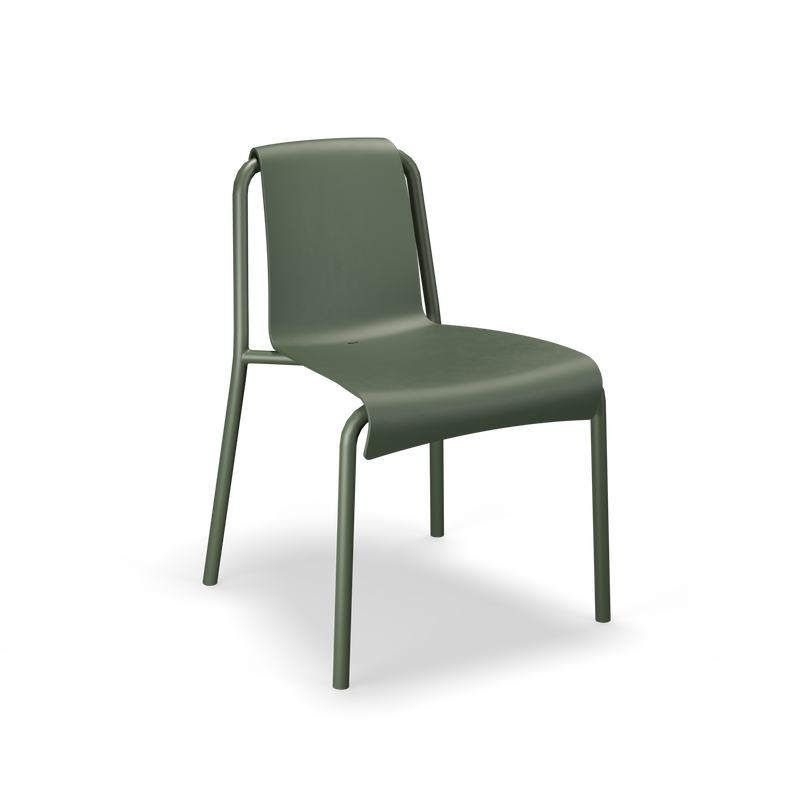 The Nami Dining Chair without Armrest by Houe features a sleek, minimalist design with a green, smooth seat and backrest made from Danish household plastic waste, supported by four thin powder-coated steel legs.