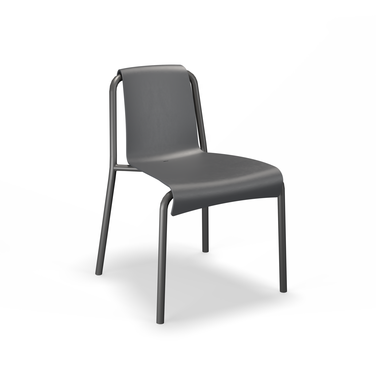The Nami Dining Chair without Armrest by Houe is a modern, minimalist piece featuring a smooth, curved seat and backrest in gray powder-coated steel. Supported by thin metal legs, this elegant garden chair is photographed against a plain white background.