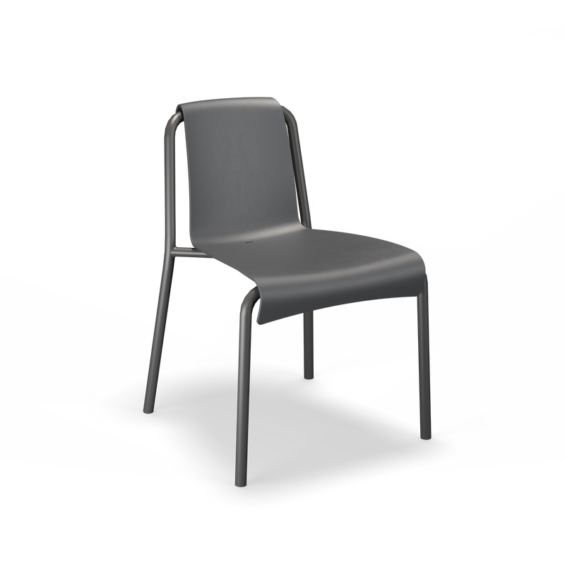 The Nami Dining Chair without Armrest by Houe is a modern, minimalist piece featuring a smooth, curved seat and backrest in gray powder-coated steel. Supported by thin metal legs, this elegant garden chair is photographed against a plain white background.
