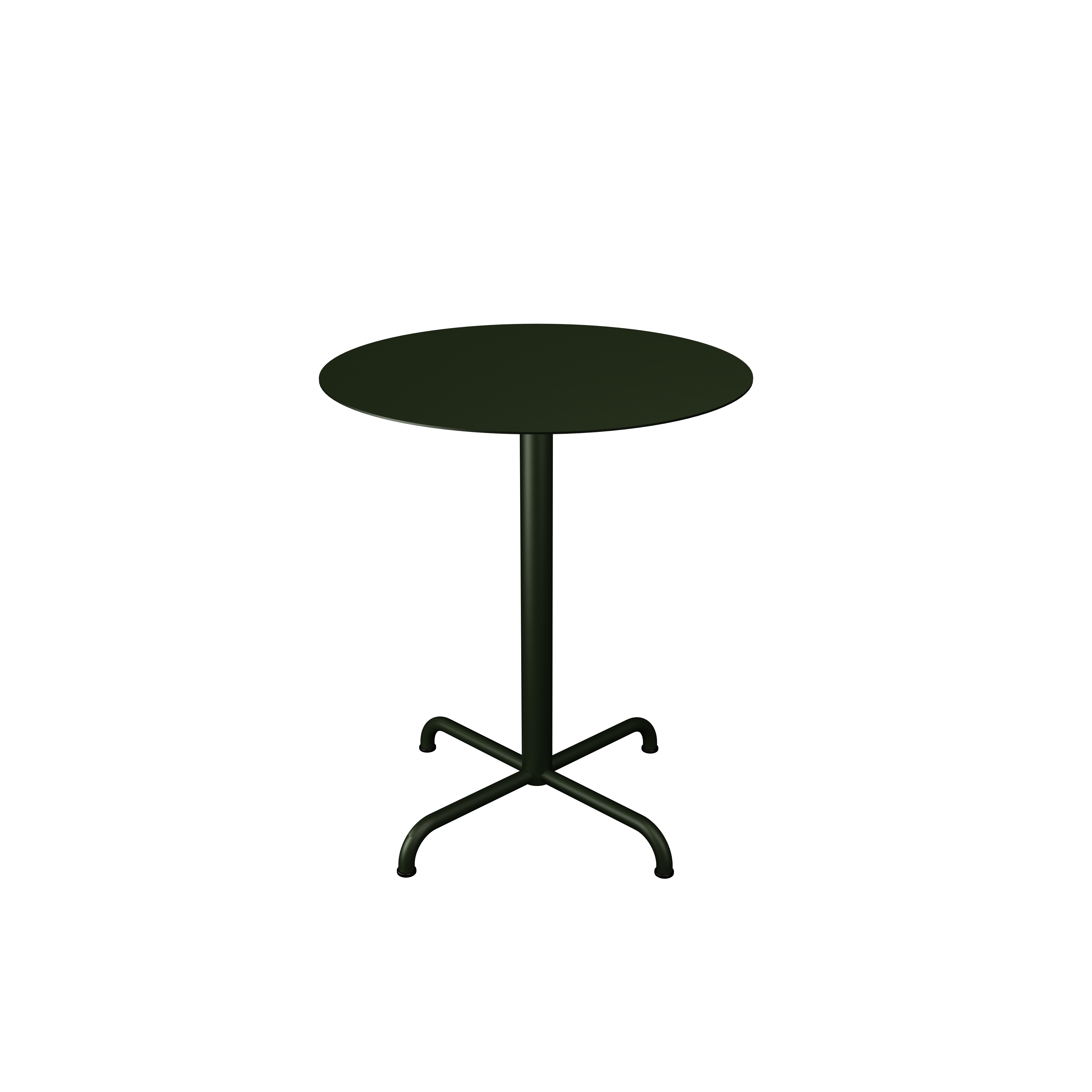 The Pico Table by Houe is a small, round, dark green café table with a timeless design, featuring a central pedestal and four-legged base crafted from powder-coated steel.