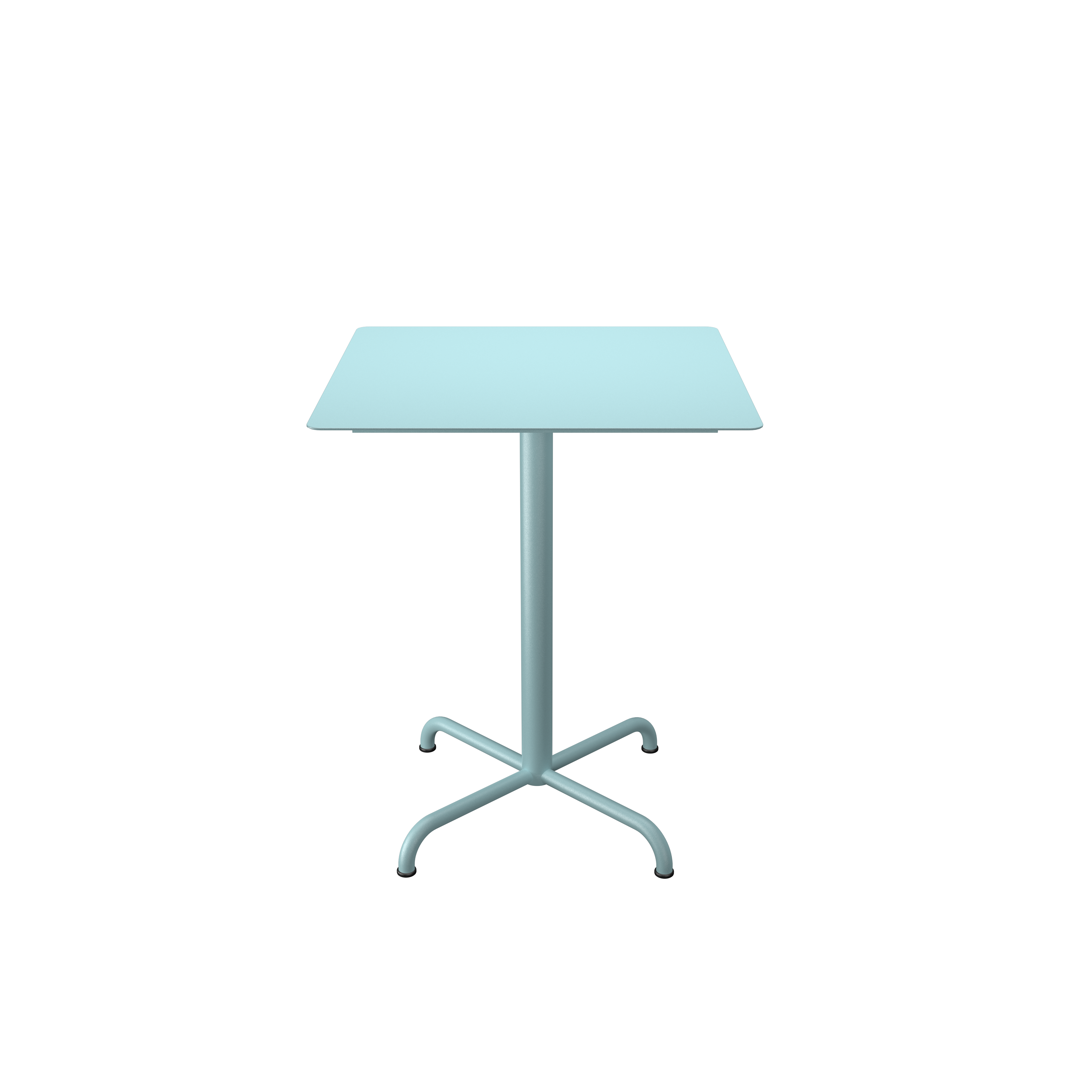 The Pico Table by Houe is a small, light blue café table with a timeless design, featuring a single central pedestal and a four-legged powder-coated steel base set against a black background.