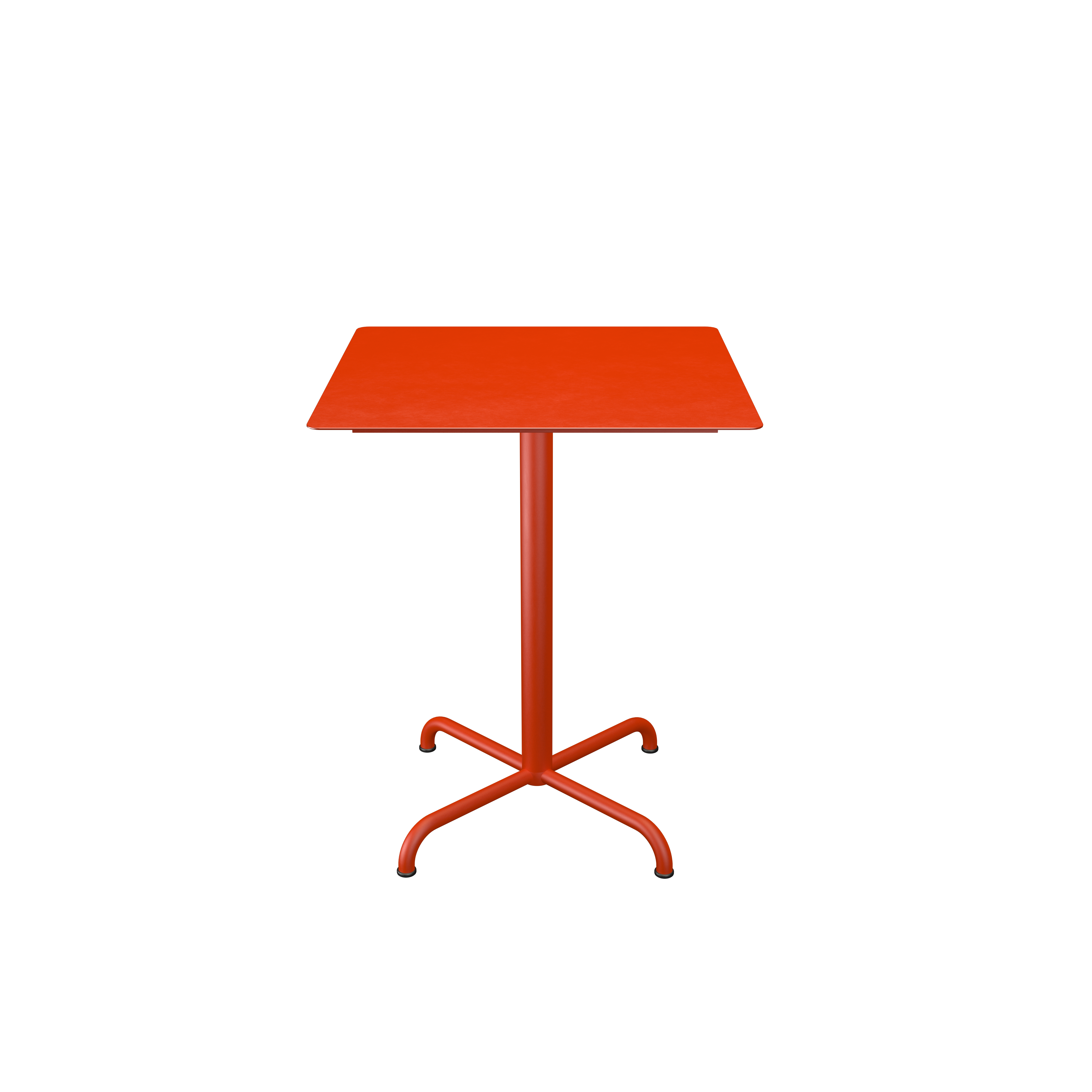 The Pico Table by Houe is a square red café table featuring a central pedestal base and four curved legs, crafted from powder-coated steel, set against a black background.