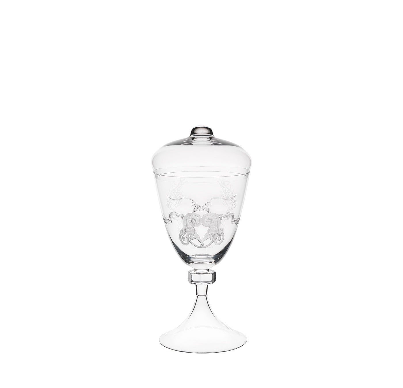 The Goblets of Humanity by Lobmeyr is a lead-free, clear crystal goblet with a lid, featuring an intricate copper wheel engraving. This exquisite piece stands elegantly on a pedestal base against a pristine white background.