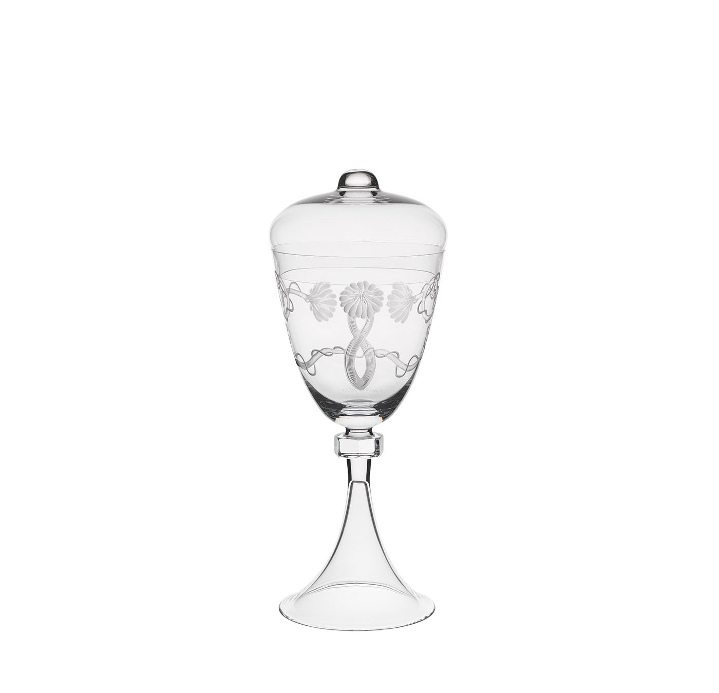 The Lobmeyr Goblets of Humanity is a transparent glass jar with a dome lid and slender stem, featuring intricate copper wheel engravings of floral and vine designs, elegantly standing against a plain white background.