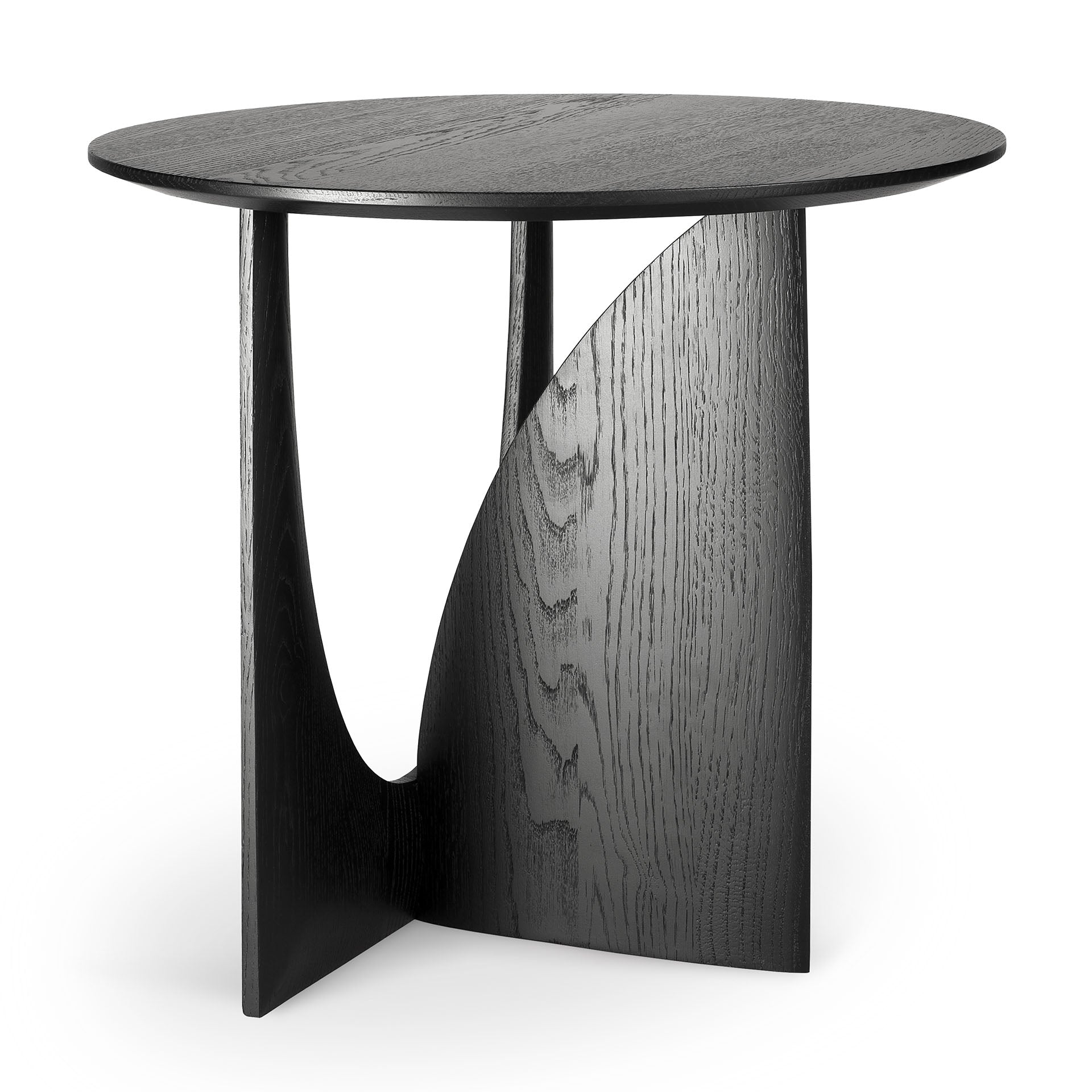The Ethnicraft Geometric Side Table features a round top and two intersecting curved panels with geometric cutouts, bringing a modern, striking touch to any space.