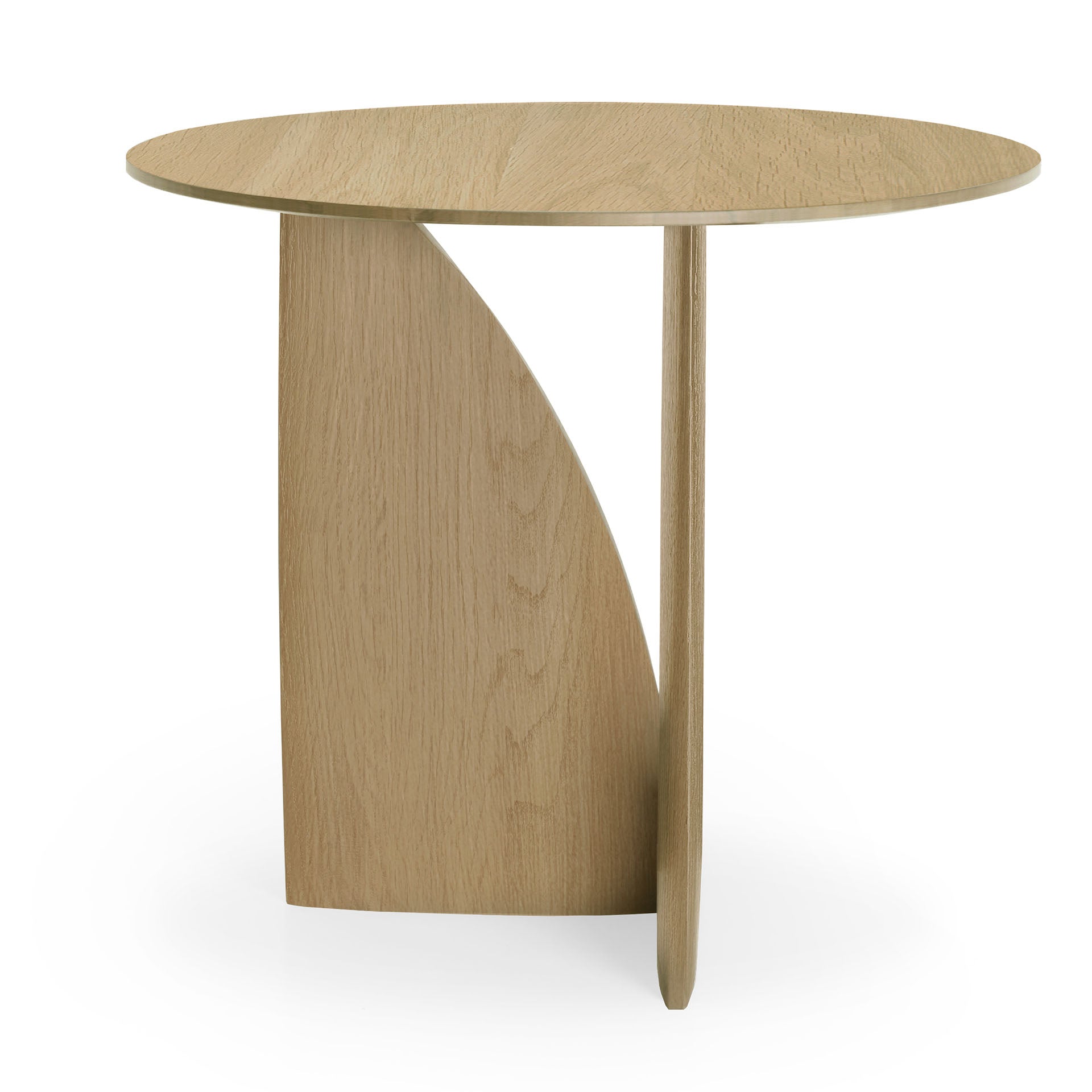 The Ethnicraft Geometric Side Table showcases a round oak top and two intersecting base panels—one straight, one curved—for a sleek, minimalist look that elevates any contemporary space.