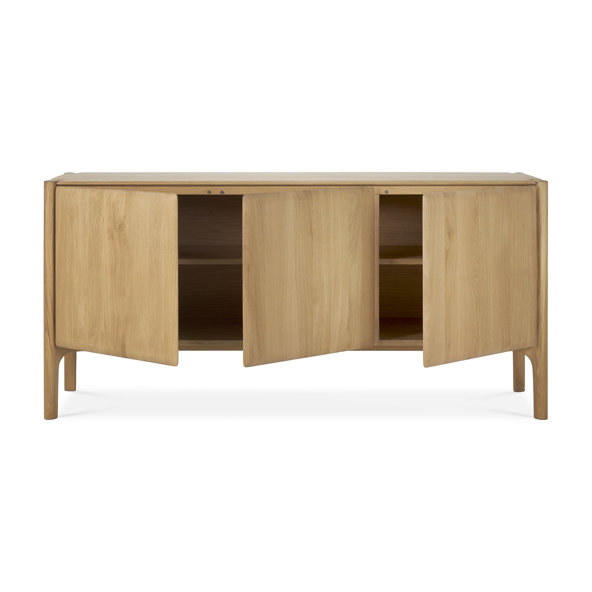 Pi Sideboard in oak with three doors, spacious interior storage, and minimalist design for modern living spaces.