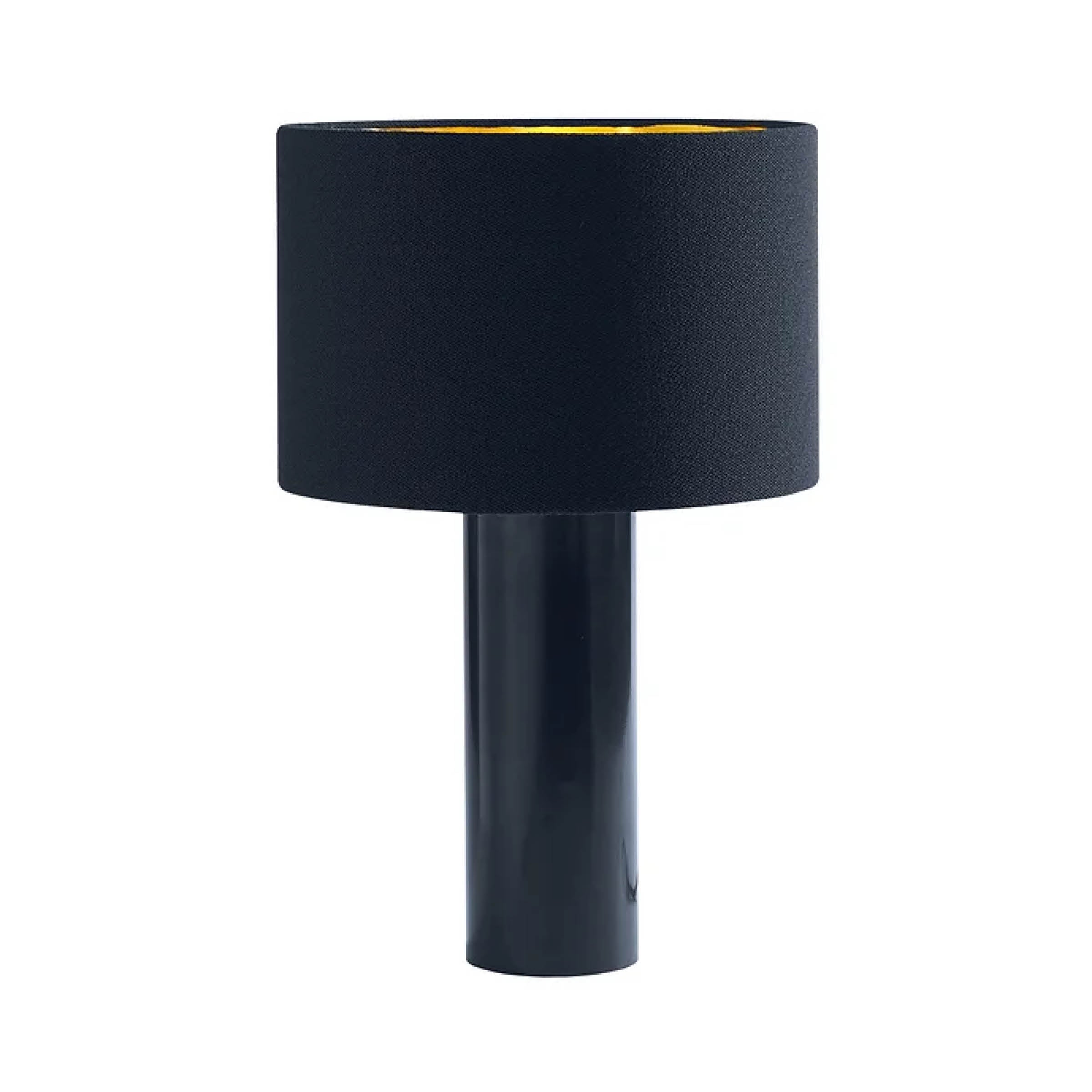 The ALL ROUND Table Lamp by Victor Foxtrot is a modern piece with a black powder-coated steel cylindrical base and a wide round wool fabric shade. Its gold interior provides a striking contrast to the sleek design.