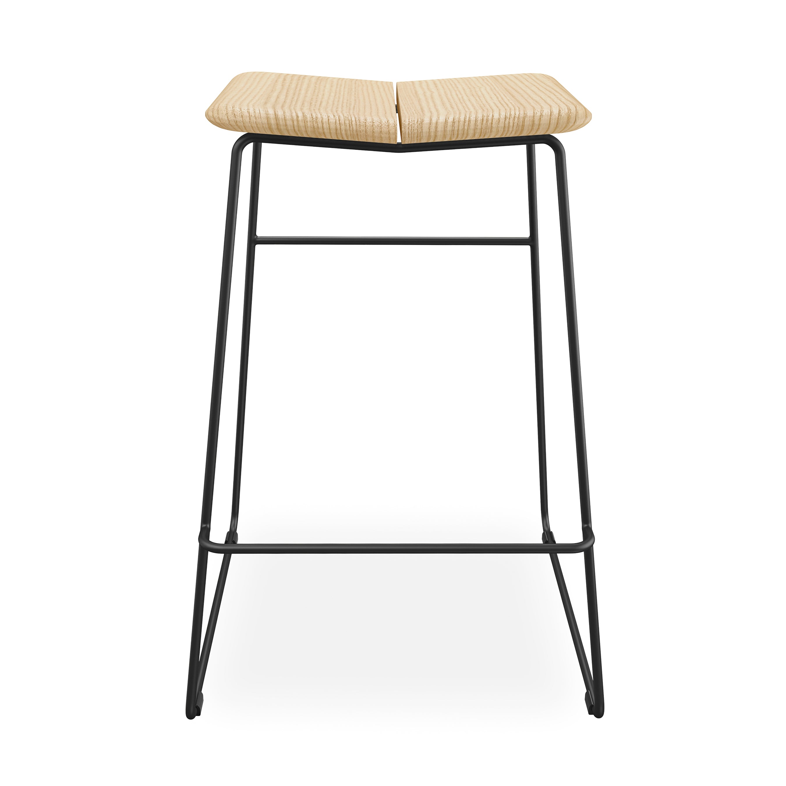 The Gus Modern Aero Bar Stool showcases Scandinavian design with a contoured solid Ash wood seat and a sleek black metal frame, viewed from the front against a white background.