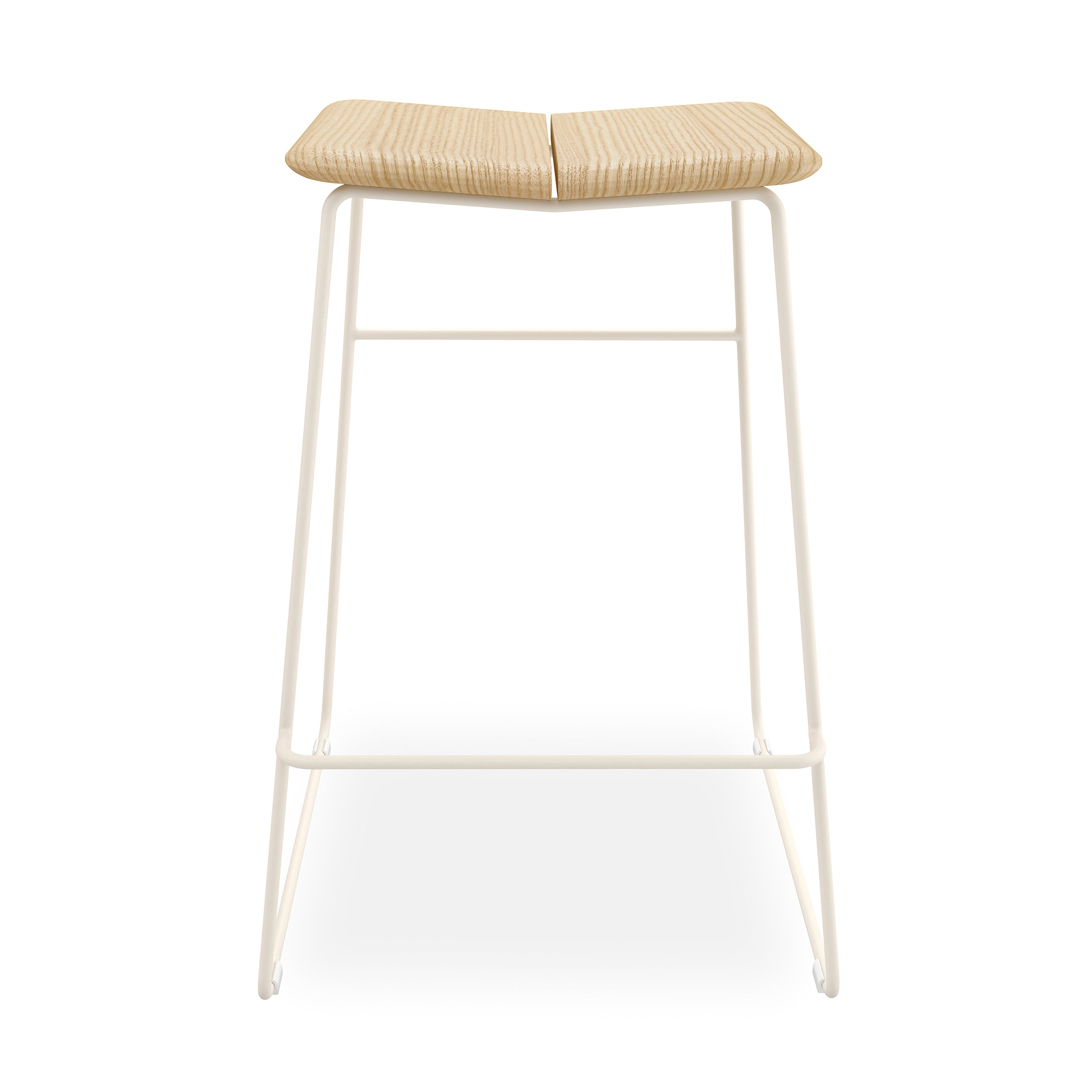 The Gus Modern Aero Bar Stool showcases a contoured solid Ash wood seat and a white metal frame with footrest, combining minimalist contemporary style with Scandinavian design.