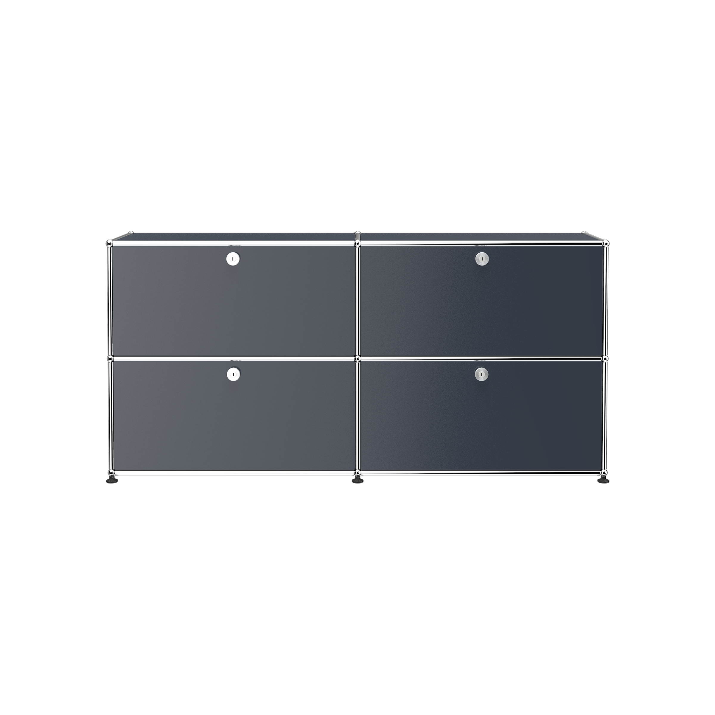 Haller Credenza E2 in dark steel blue with four lockable drop-down doors and chrome steel frame.