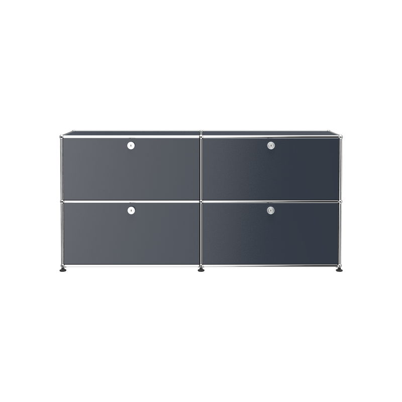 Haller Credenza E2 in dark steel blue with four lockable drop-down doors and chrome steel frame.