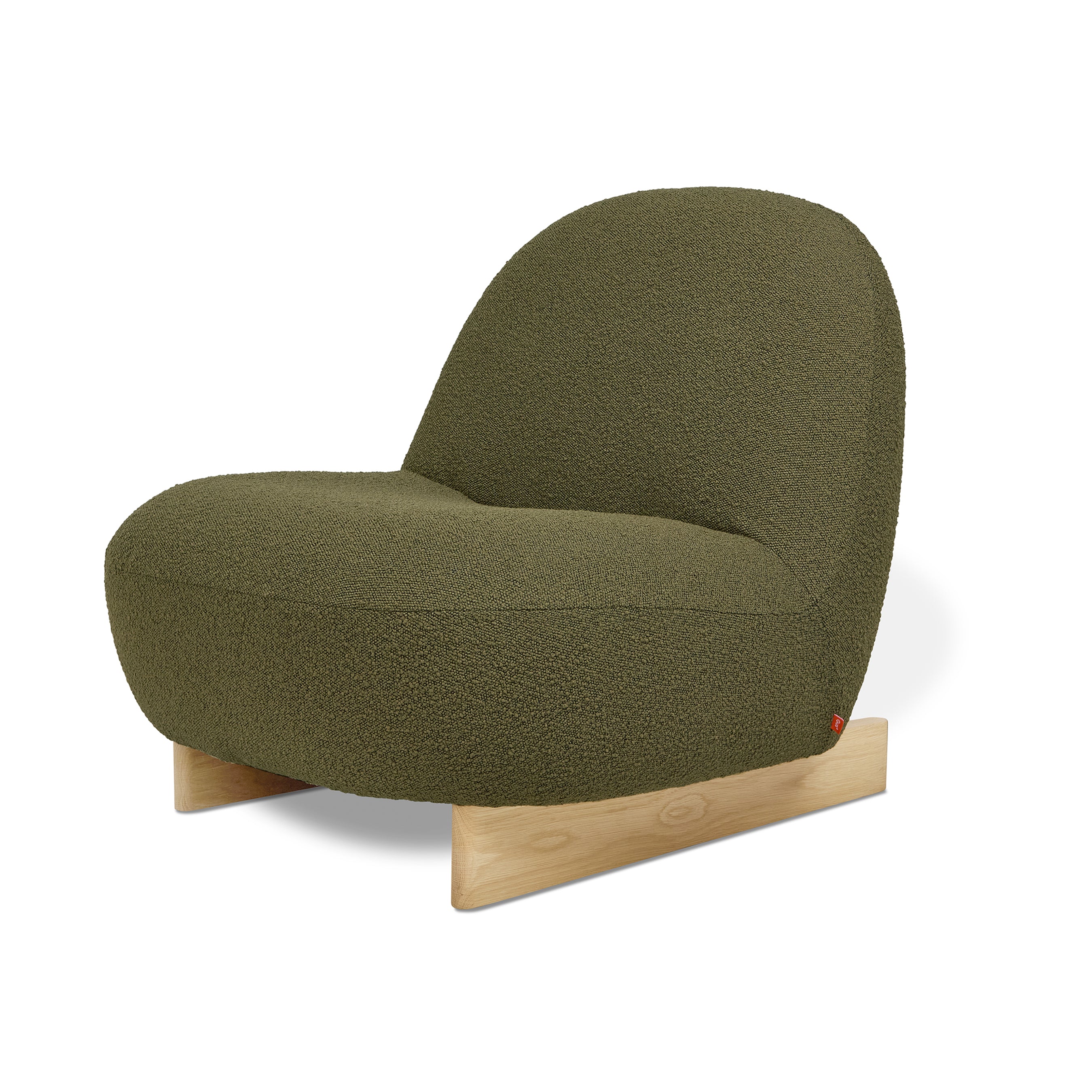 The Arlo Chair by Gus Modern features olive green bouclé upholstery, a curved backrest, and a light wood sled base—Scandinavian design showcased on a white background.