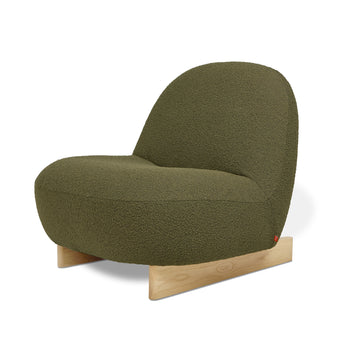 The Arlo Chair by Gus Modern features olive green bouclé upholstery, a curved backrest, and a light wood sled base—Scandinavian design showcased on a white background.