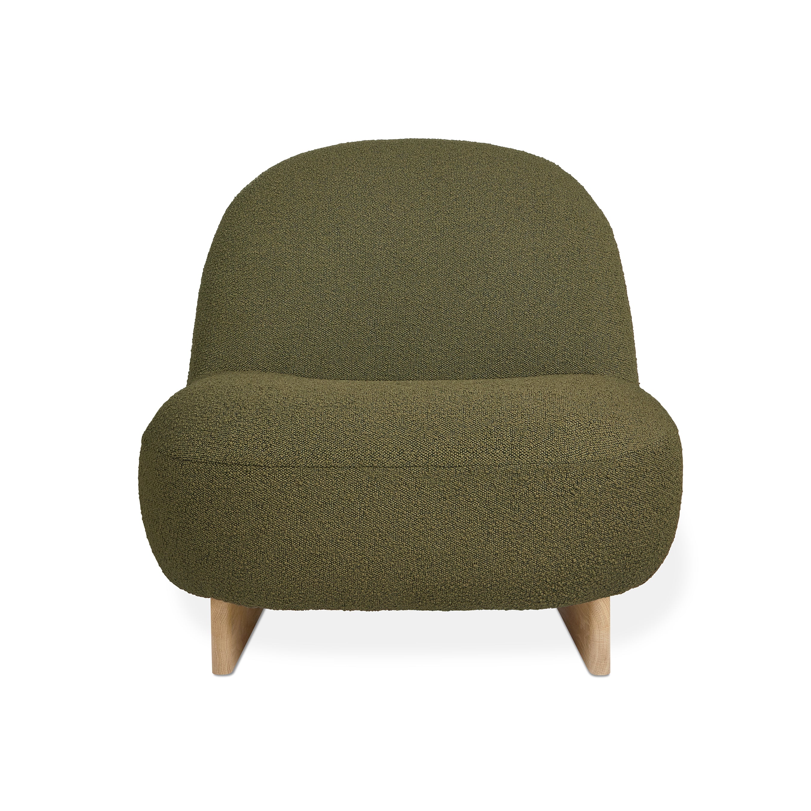 The Arlo Chair by Gus Modern features an olive green, rounded back and seat in textured bouclé fabric with short, angled wooden legs—an ideal way to bring Scandinavian design flair to any lounge.