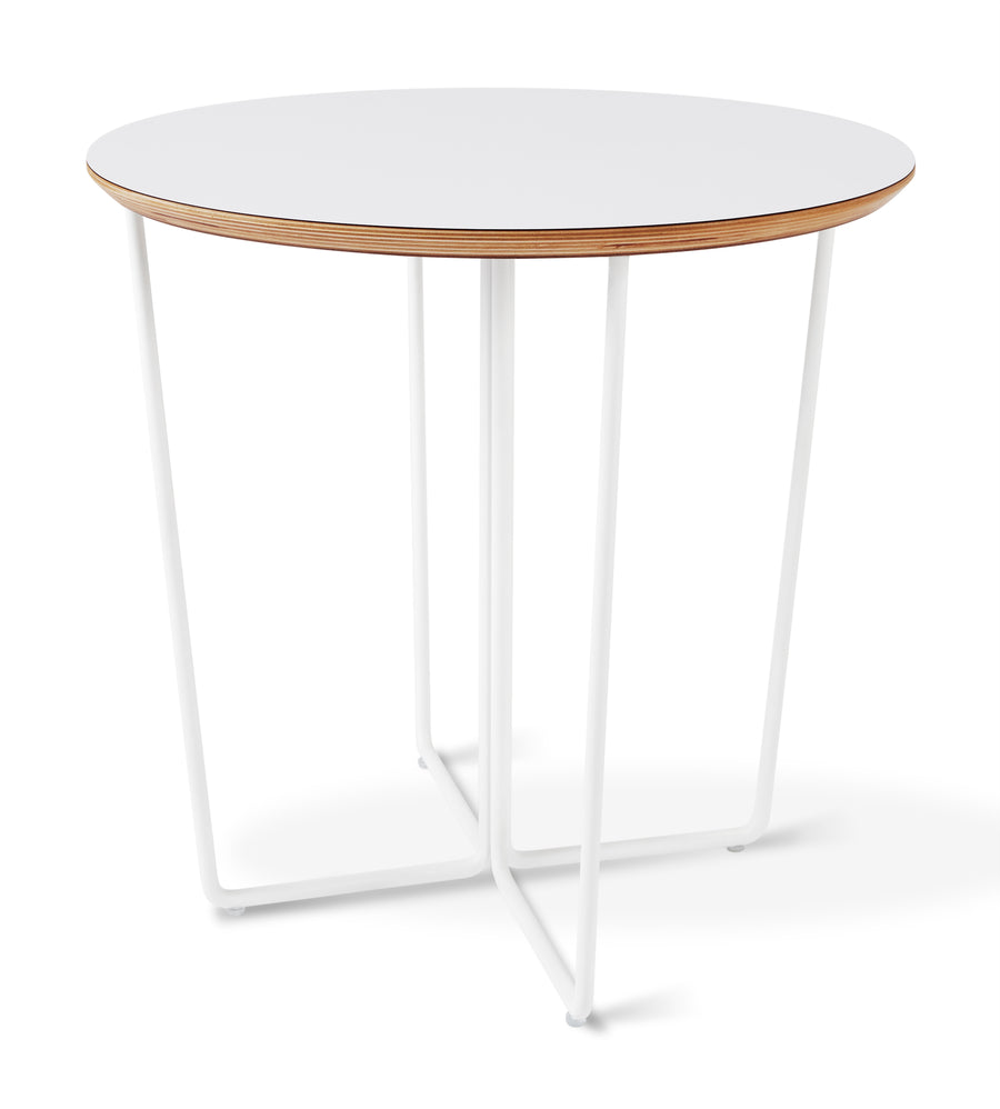 The Gus Modern Array End Table features a white tabletop with a slim wooden edge and four white metal legs in a geometric base—an ideal contemporary accent for any space.