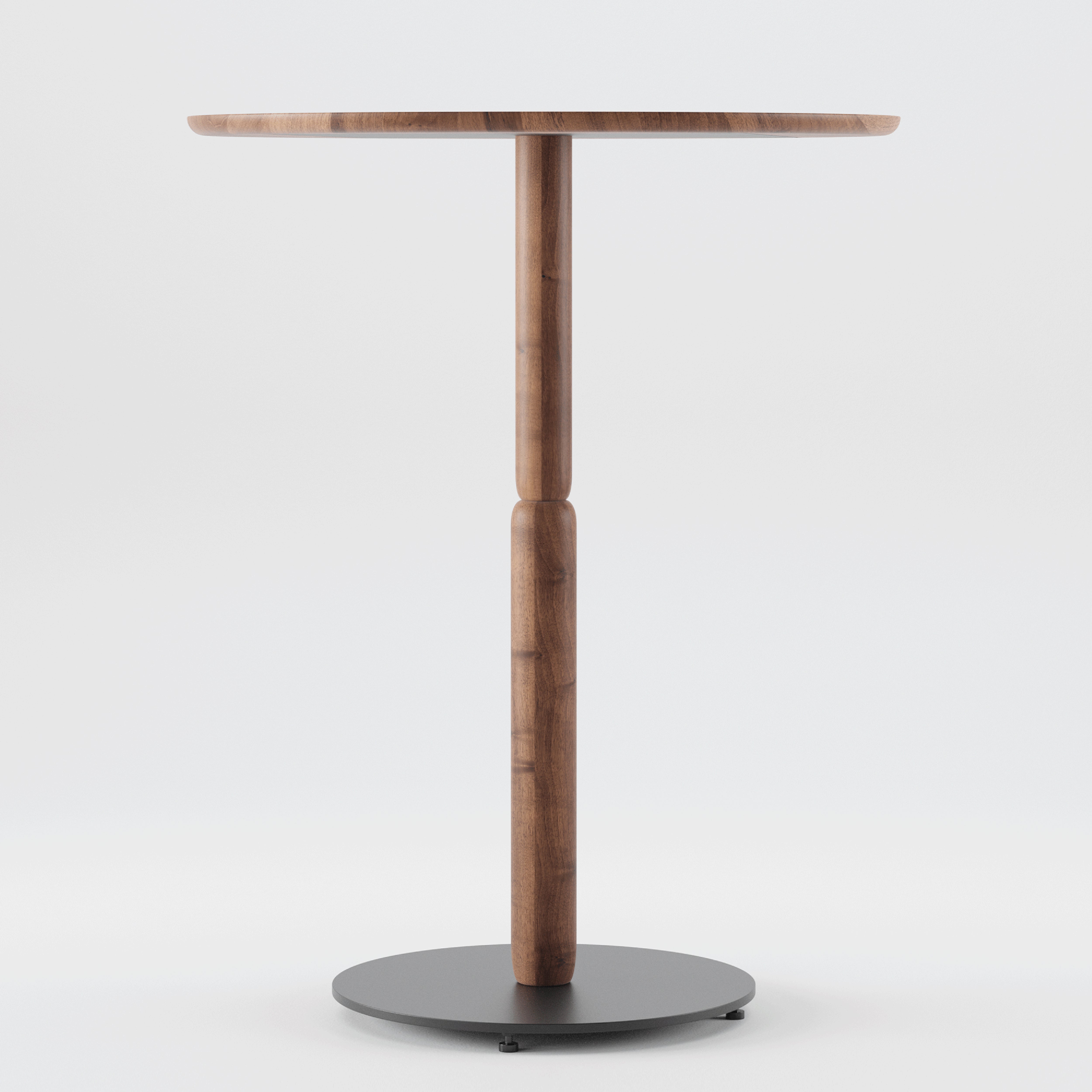 The Artisan Bistro A Table features a solid wood design with a round top and slender central support. It elegantly stands on a circular black base against a white background, highlighting the beauty of eco-friendly materials.