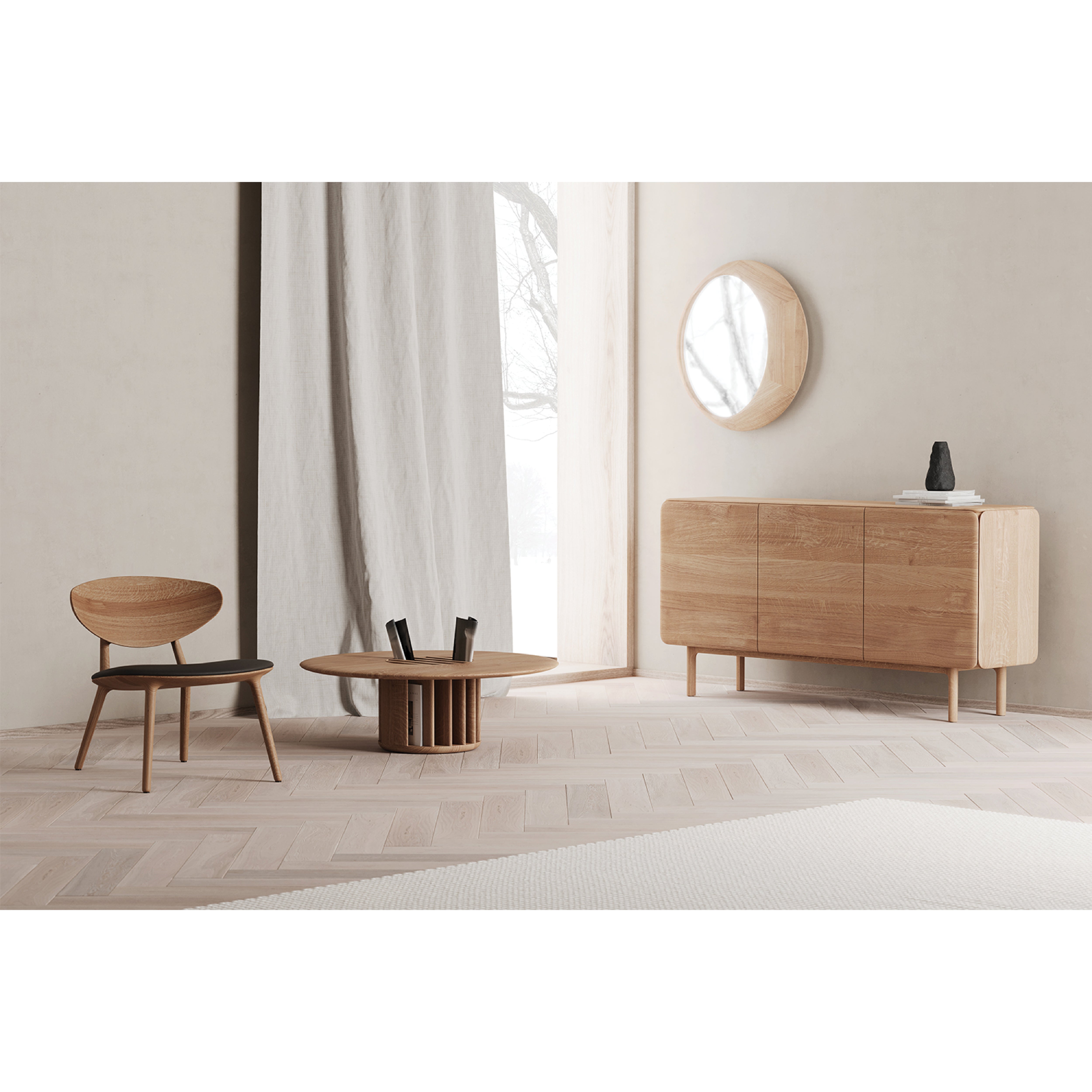 The minimalist living room is adorned with light solid wood furniture crafted from eco-friendly materials. A chair, the GRID Coffee Table by Artisan, and a sideboard complement the serene setting with neutral tones and tall curtains. Above the sideboard, a round mirror adds elegance.