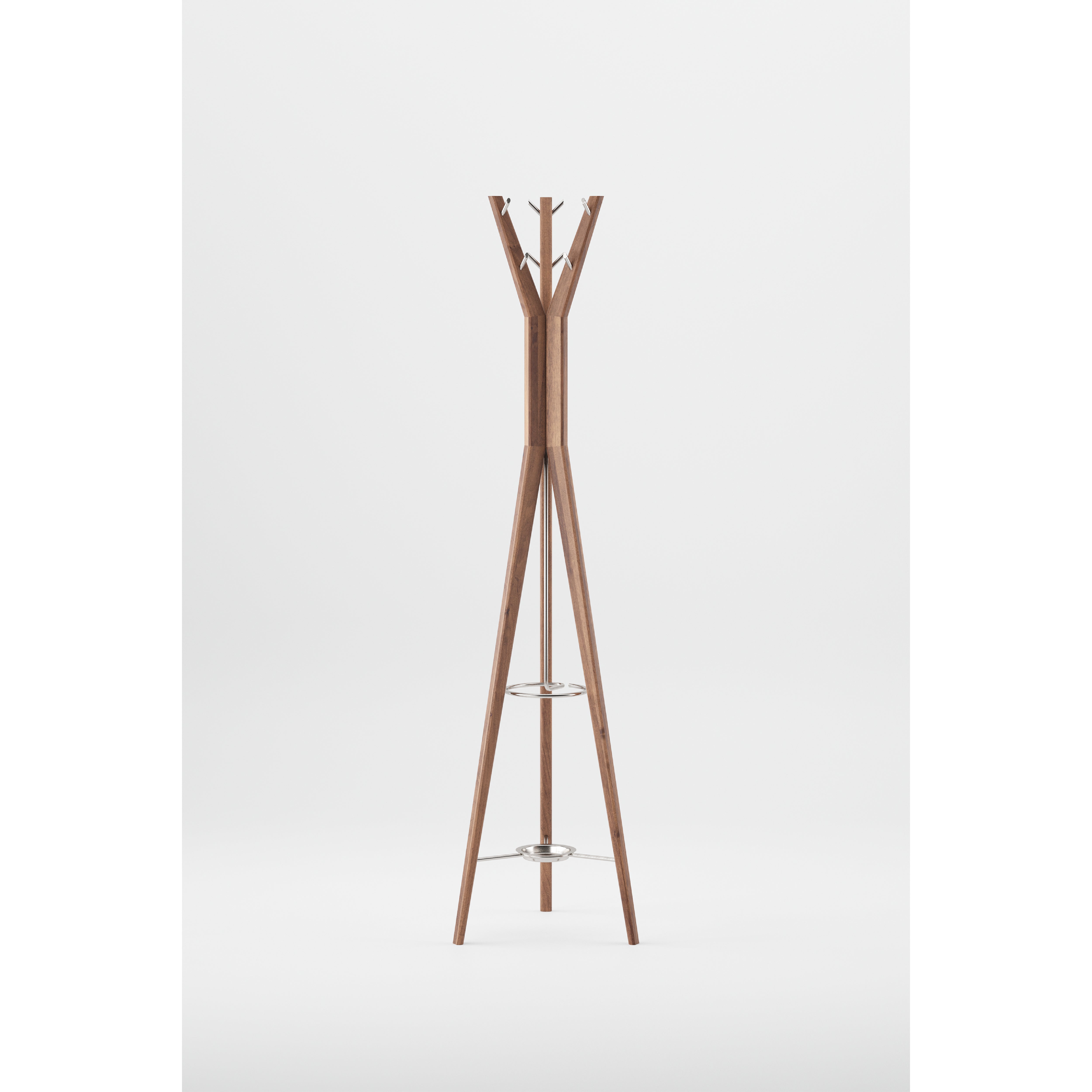 The HANNY Coat Stand by Artisan is a minimalist, modern wooden coat stand crafted from solid wood. It features multiple angled hooks for coats, supported by three sturdy legs with two circular metal braces and a natural oil finish, made from environmentally-friendly materials.