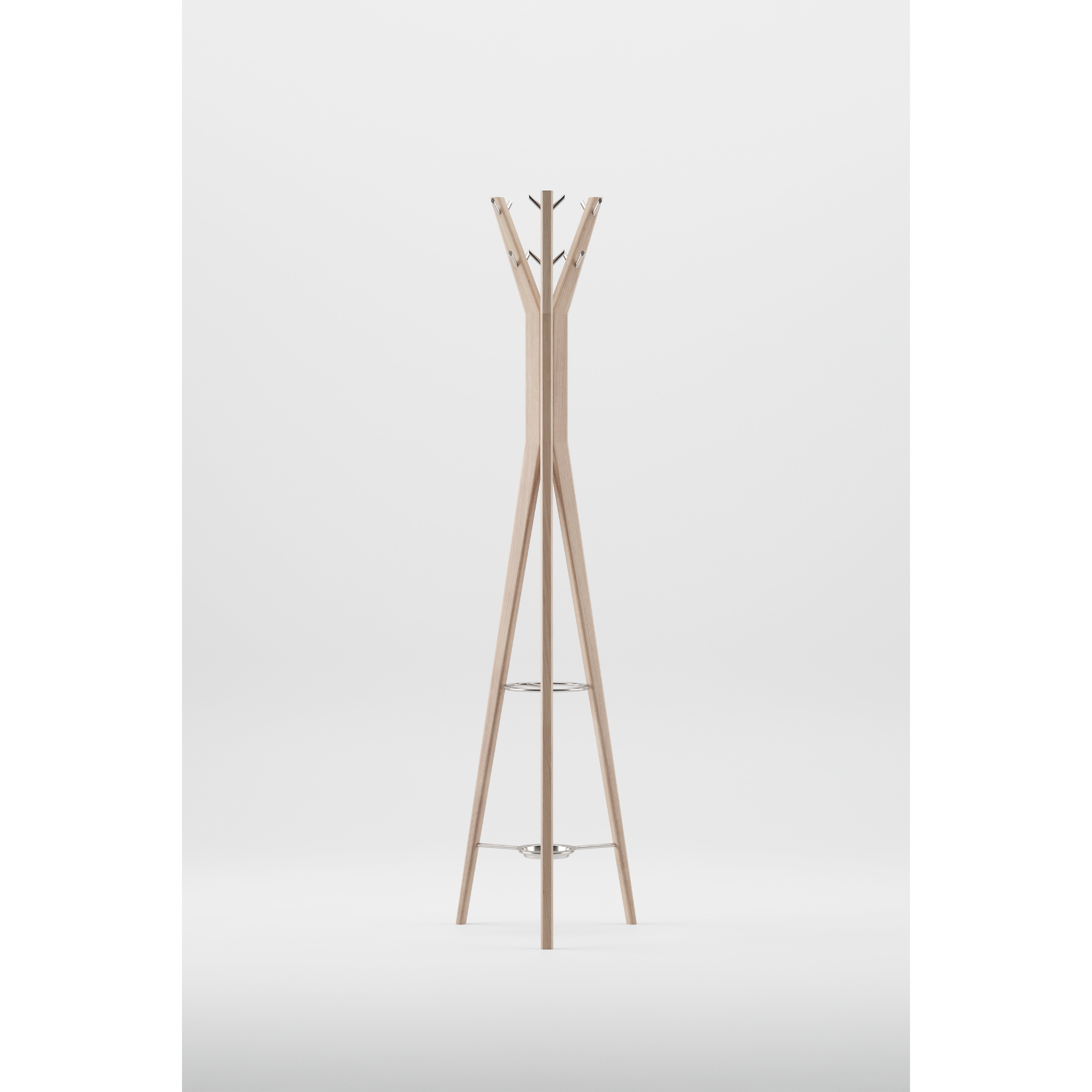 The HANNY Coat Stand by Artisan is a minimalist solid wood design with four angled legs and multiple hooks. Set against a plain white background, its natural oil finish enhances both style and eco-friendly functionality.