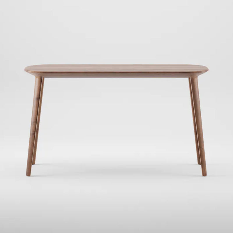 The KALOTA Console Table by Artisan is a modern wooden piece with a rectangular top and rounded edges, celebrating wood texture. It features four slightly tapered legs and is displayed against a light gray background.
