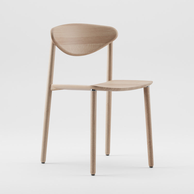 The NARU Chair Light by Artisan is a minimalist wooden chair with a curved backrest, flat seat, and straight cylindrical legs. Made from solid wood with natural oils, it features a light wood finish and sits on a plain white background.