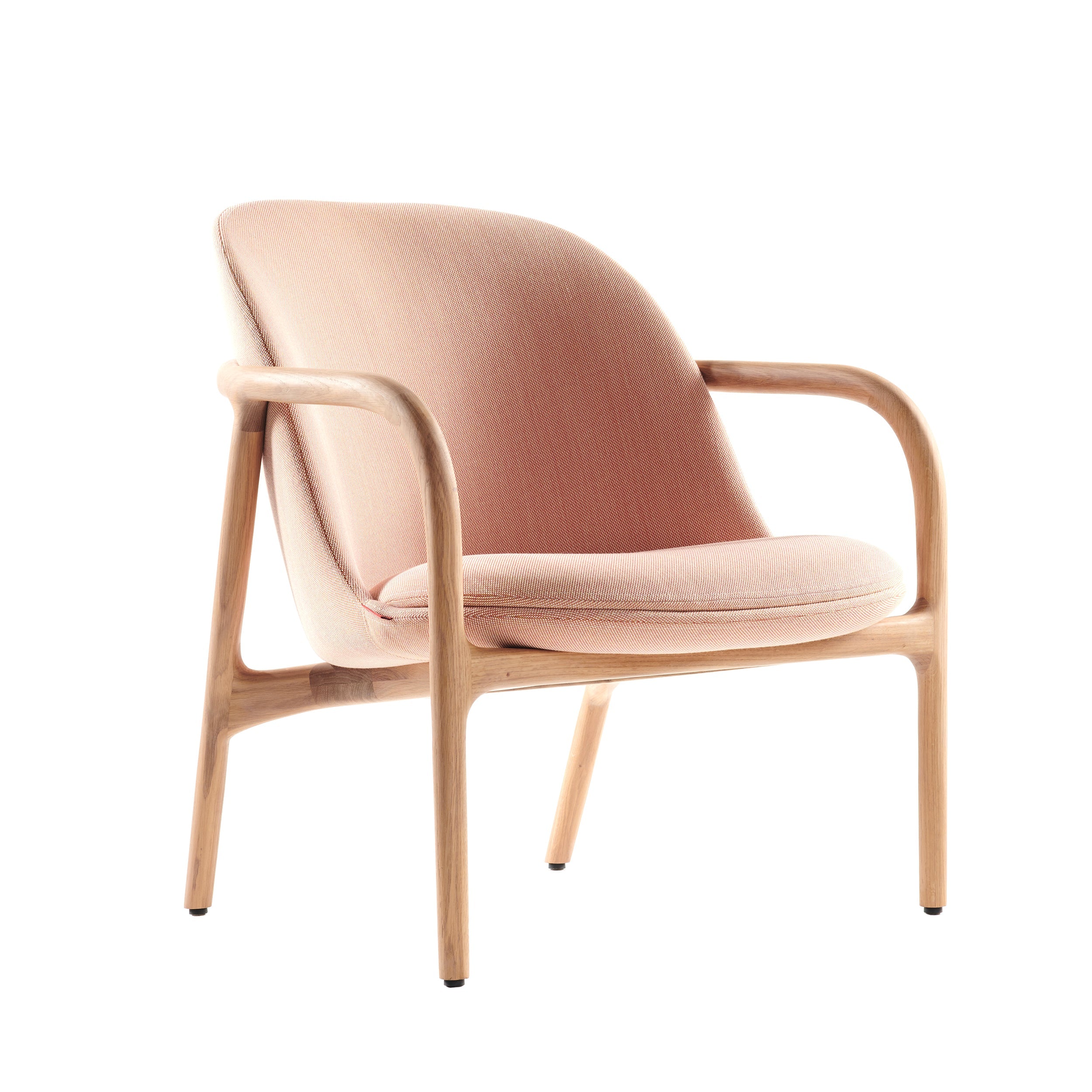 The NEVA Lounge Chair Trimmed by Artisan features a minimalist, modern Scandinavian design. It has a light wood frame with curved armrests and a comfortable light pink cushioned seat and backrest, blending artisanal handcraft with sleek aesthetics.
