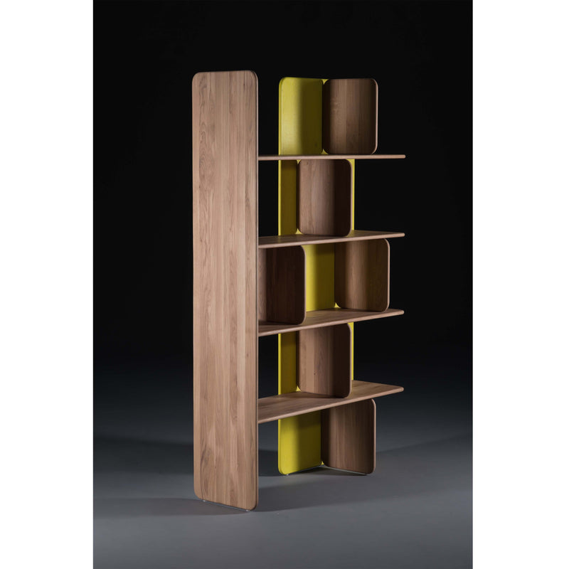 The SOFT Shelf - IVENTORY by Artisan features a modern design with five tall, narrow wooden shelves and yellow back panels. Crafted from solid wood with a natural finish, it stands elegantly against a dark background.