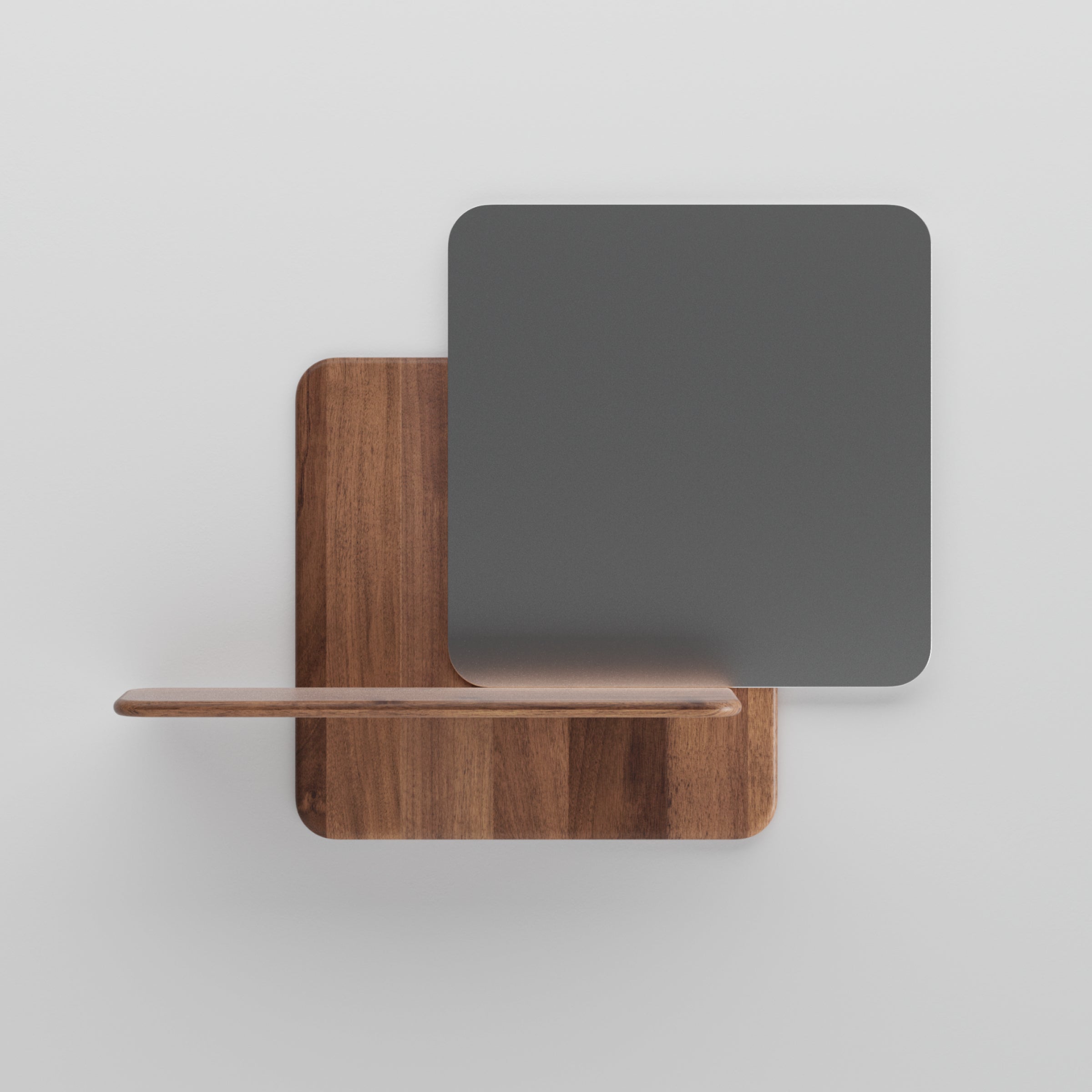 The Artisan Soft Wall Modules offer a minimalist design featuring two overlapping squares: one in organic wood doubling as a small shelf, and one in dark gray, all set against a white background for an elegant touch.