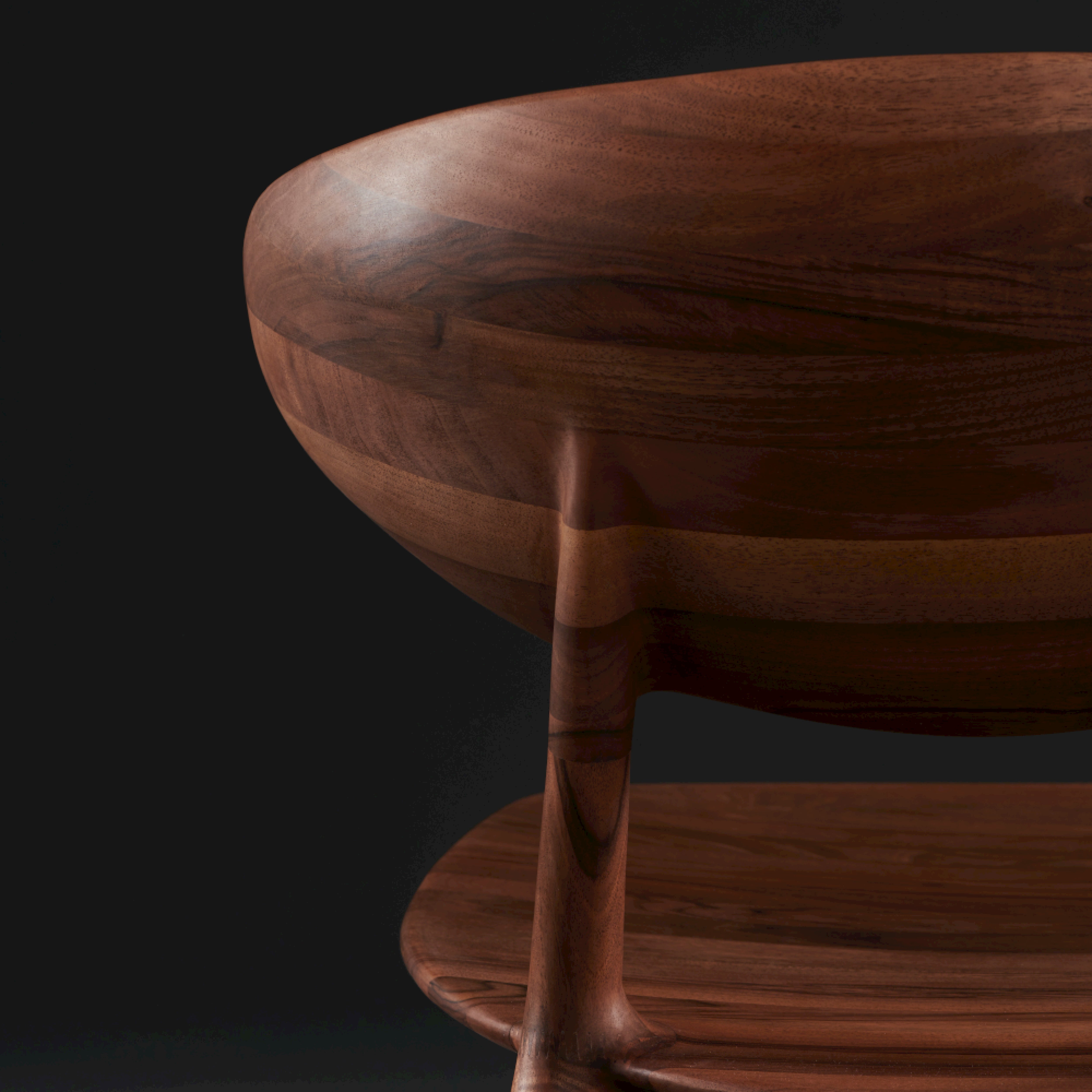 Close-up of the Artisan WU Chair, crafted from solid wood with a smooth, dark brown grain. The image showcases its elegant curved backrest and round slender leg, enhanced with natural oils for a modern polished finish against a dark background.