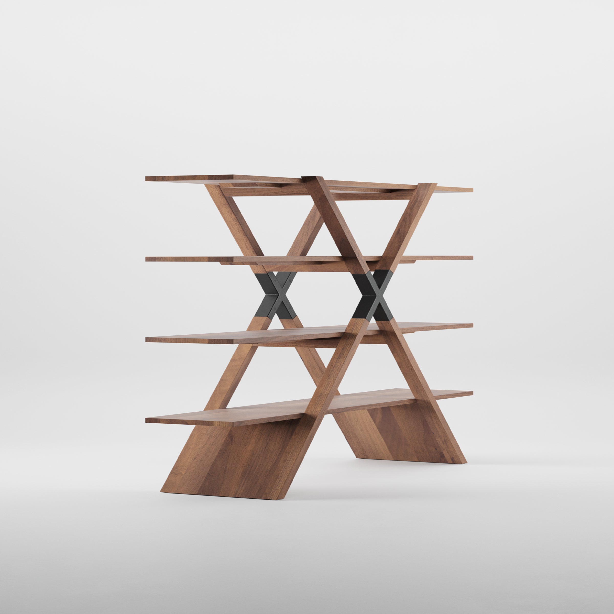 The X Shelf by Artisan is a modern wooden bookshelf made from solid wood, finished with natural oils. It has a unique zigzag design with four shelves supported by diagonal crossbeams, all set against a plain white background.