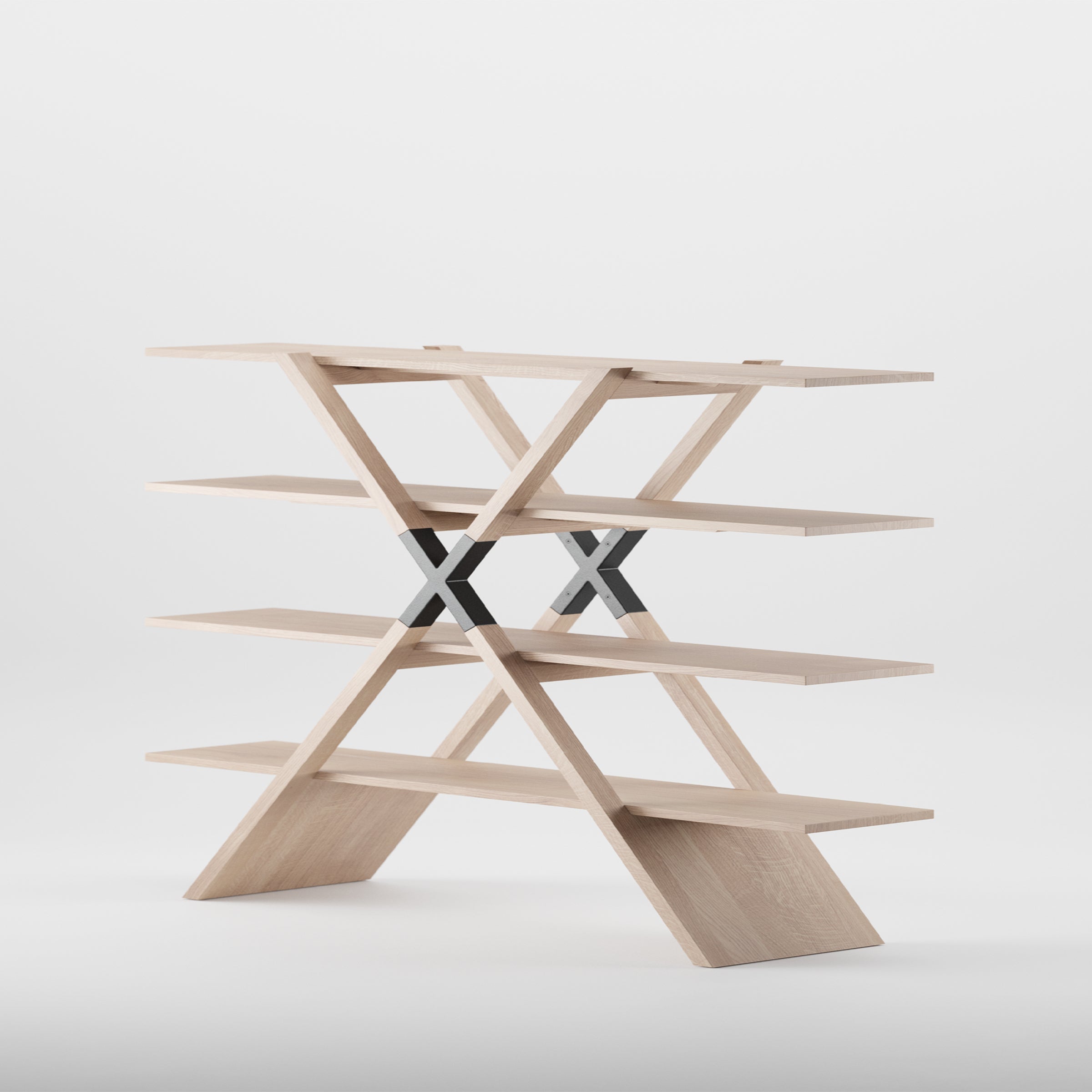 The Artisan X Shelf is a modern wooden bookshelf, crafted from solid wood in a unique crisscross pattern with four shelves. Its minimalist, geometric design is enhanced by eco-friendly materials and natural oils against a white background.