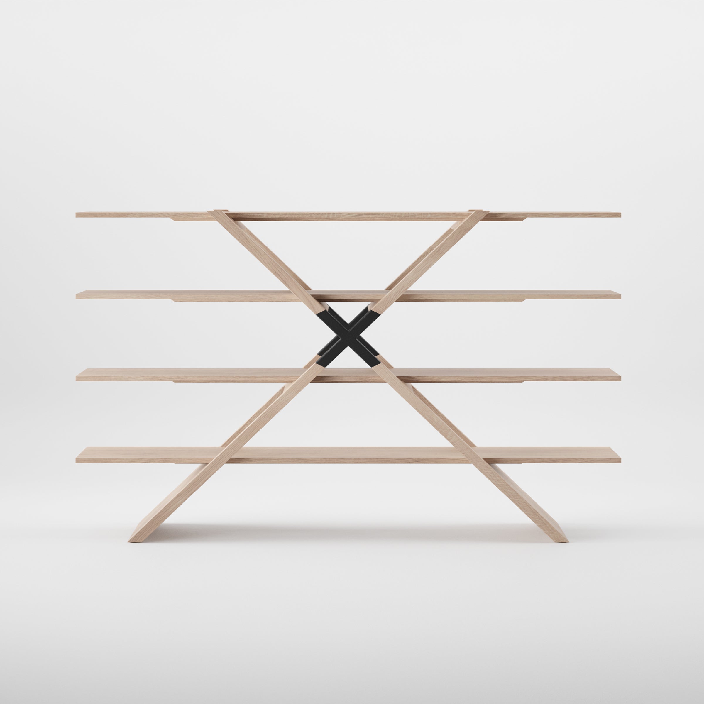 The Artisan X Shelf features a symmetrical design with five solid wooden levels supported by an X-shaped black metal frame, crafted from eco-friendly materials to create a geometric look against a plain white background.