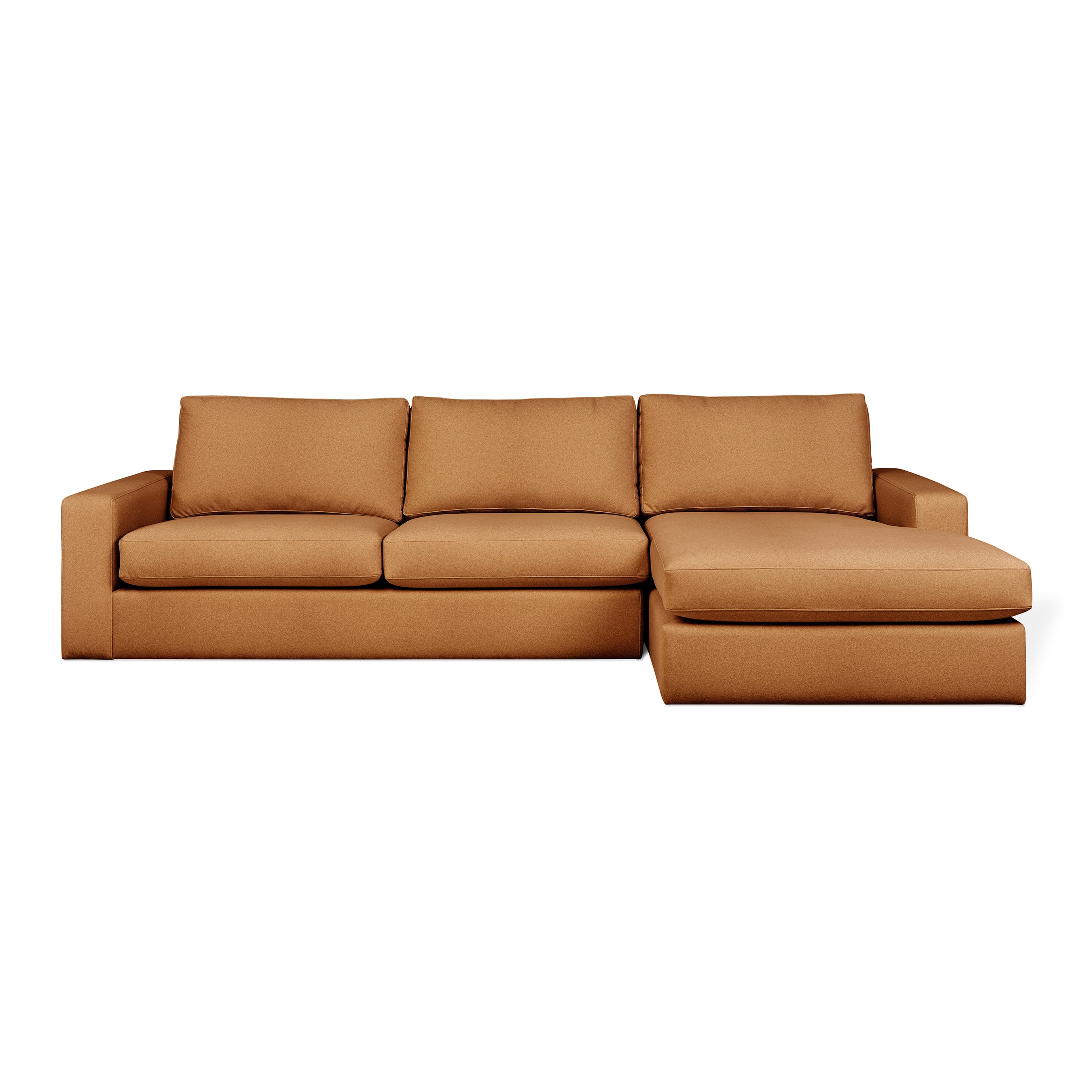 The Gus Modern Ashdale Right-Facing Sectional is a minimalist brown sofa with a right-side chaise, clean lines, rectangular armrests, plush synthetic-down cushions, and a sturdy hardwood frame on a white background.