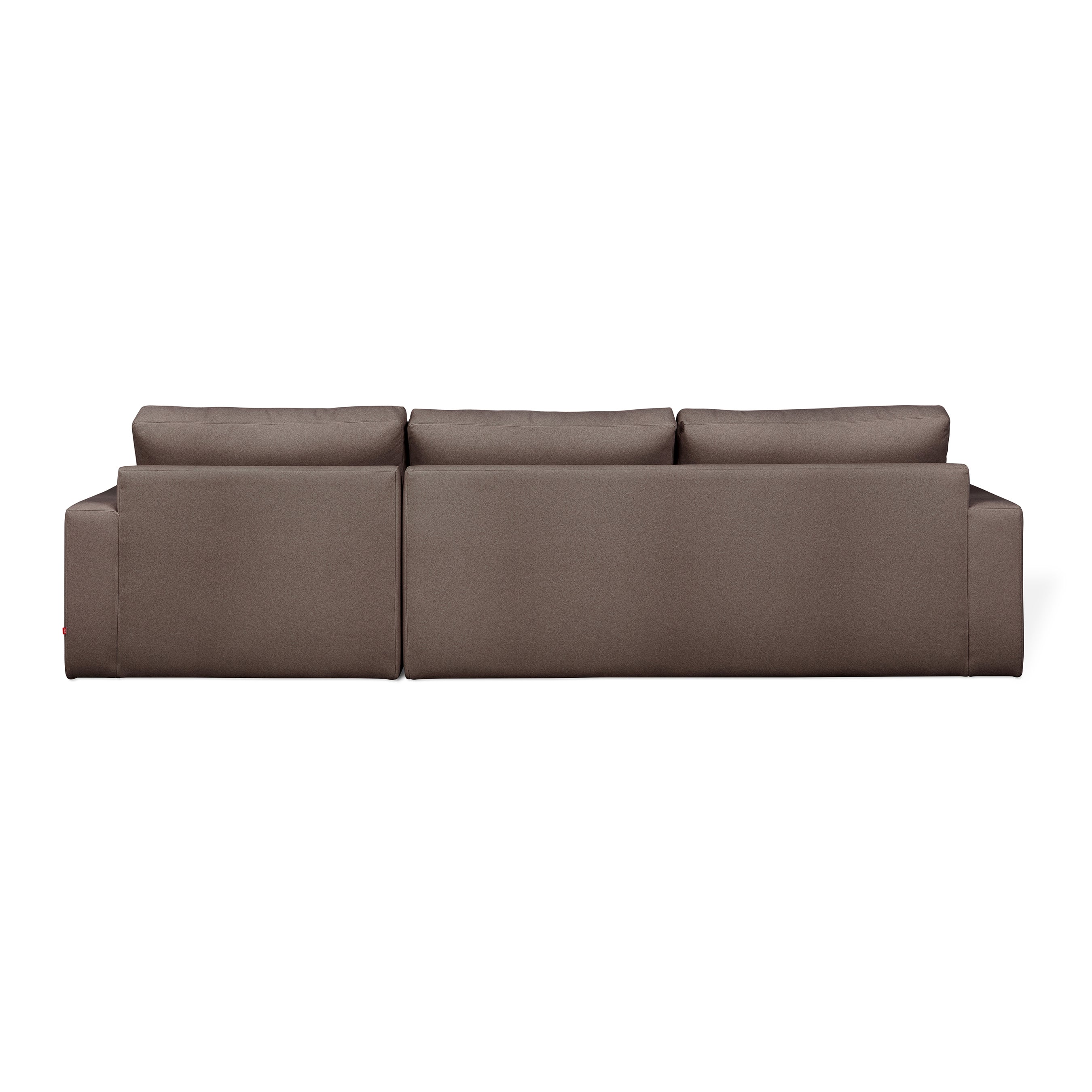 The Gus Modern Ashdale Right-Facing Sectional is a brown, three-seat minimalist sofa with a modern boxy design, straight lines, plush synthetic-down cushions, and a sturdy hardwood frame, shown from the back against a white background.