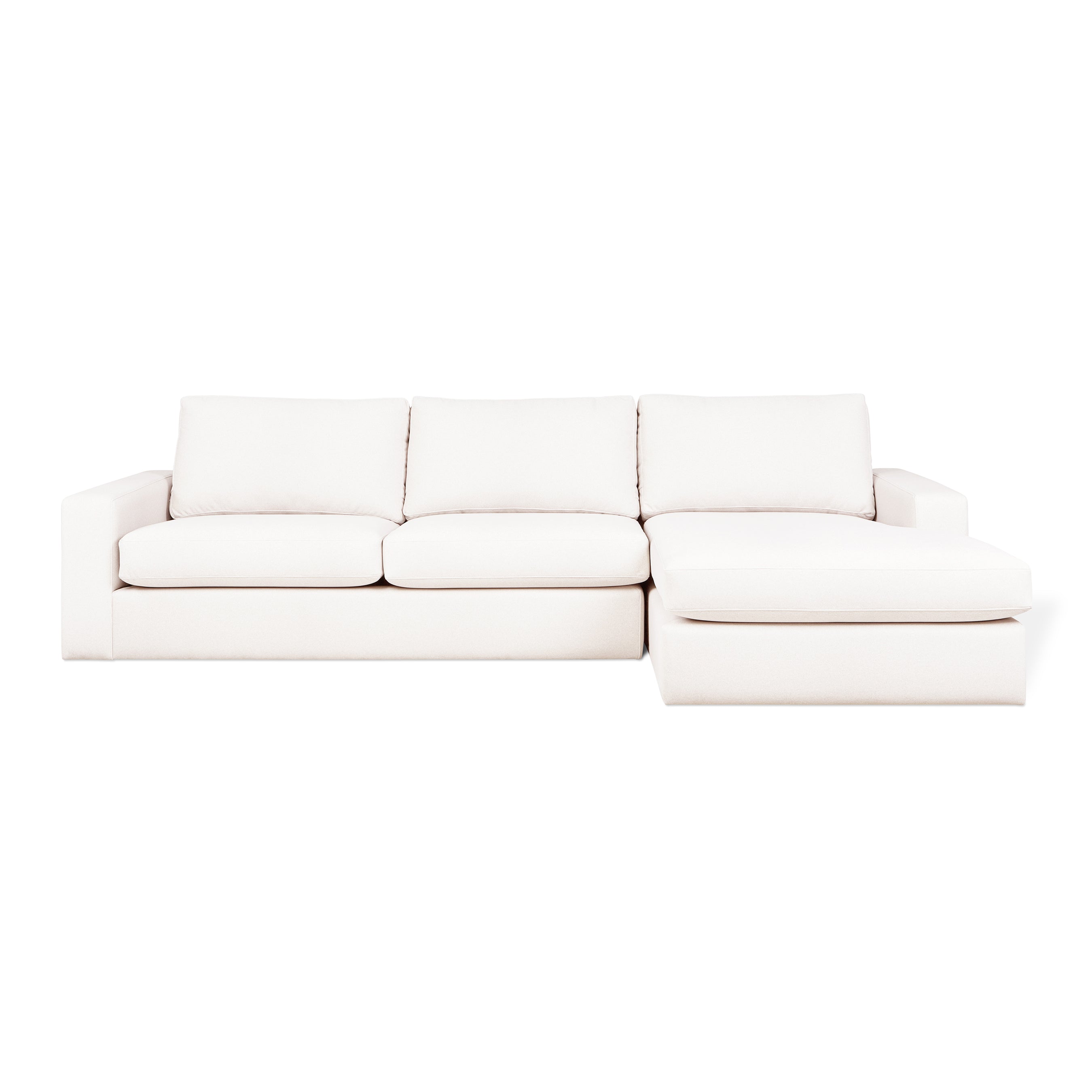 The Ashdale Right-Facing Sectional by Gus Modern features a modern, minimalist design with a sturdy hardwood frame, three seat and back cushions, and a right-side chaise lounge, displayed on a plain white background.