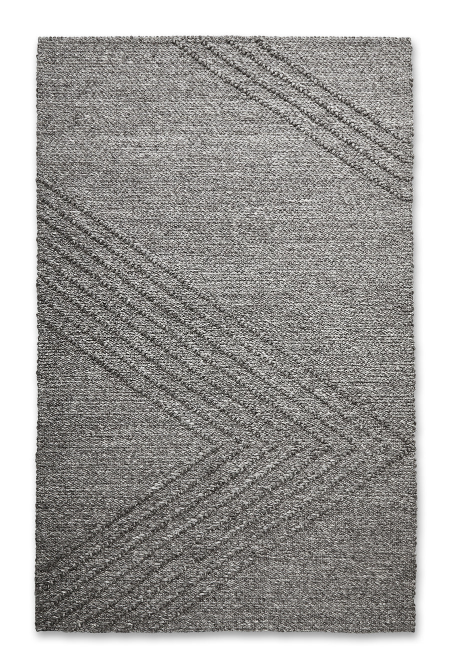 The Avro Rug by Gus Modern is a rectangular gray minimalist rug featuring a subtle chevron pattern with raised diagonal lines, offering a simple, modern look ideal for contemporary spaces.