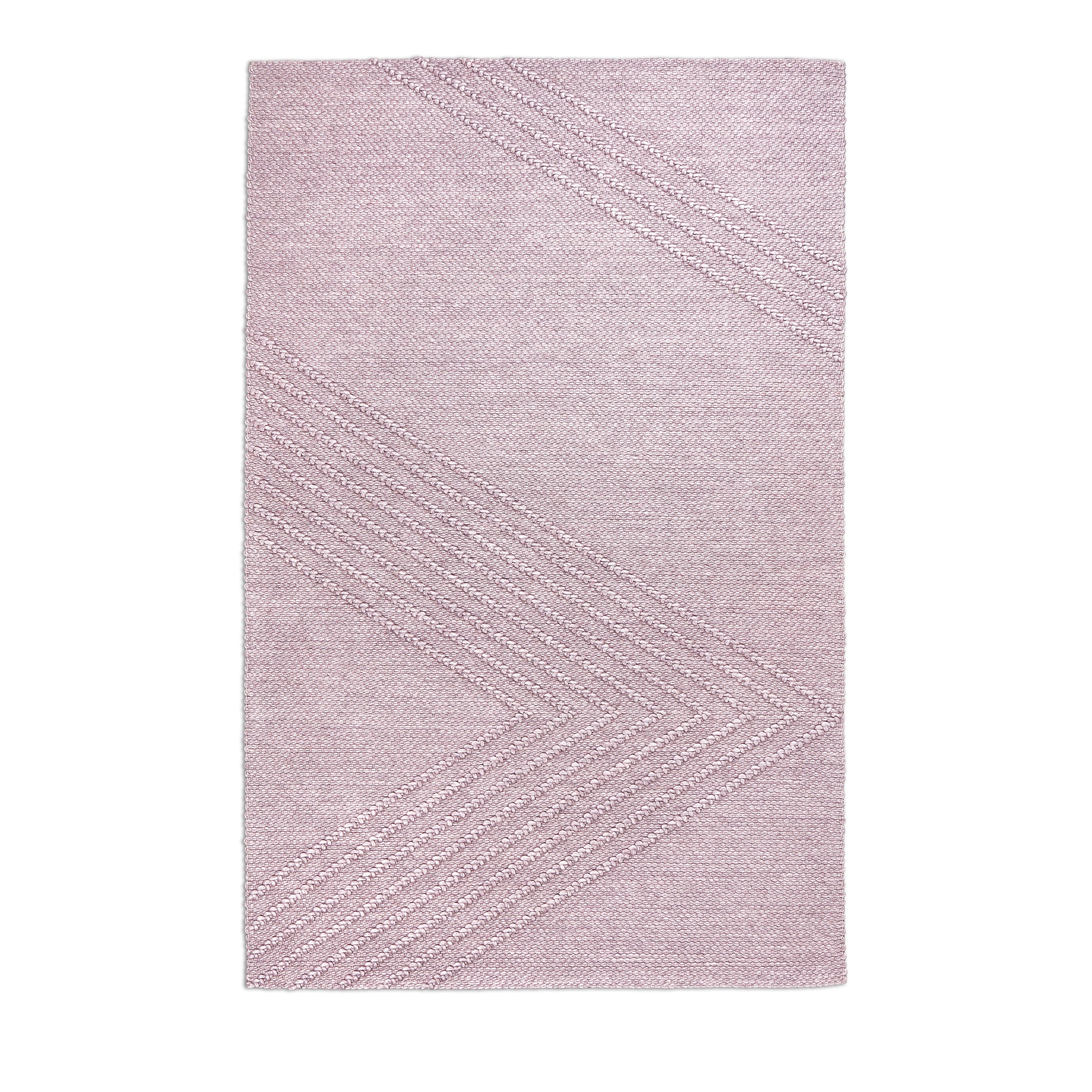 The Avro Rug by Gus Modern features a rectangular, light pink minimalist design with a subtle chevron pattern of diagonal lines on a soft, modern background for a clean and simple look.