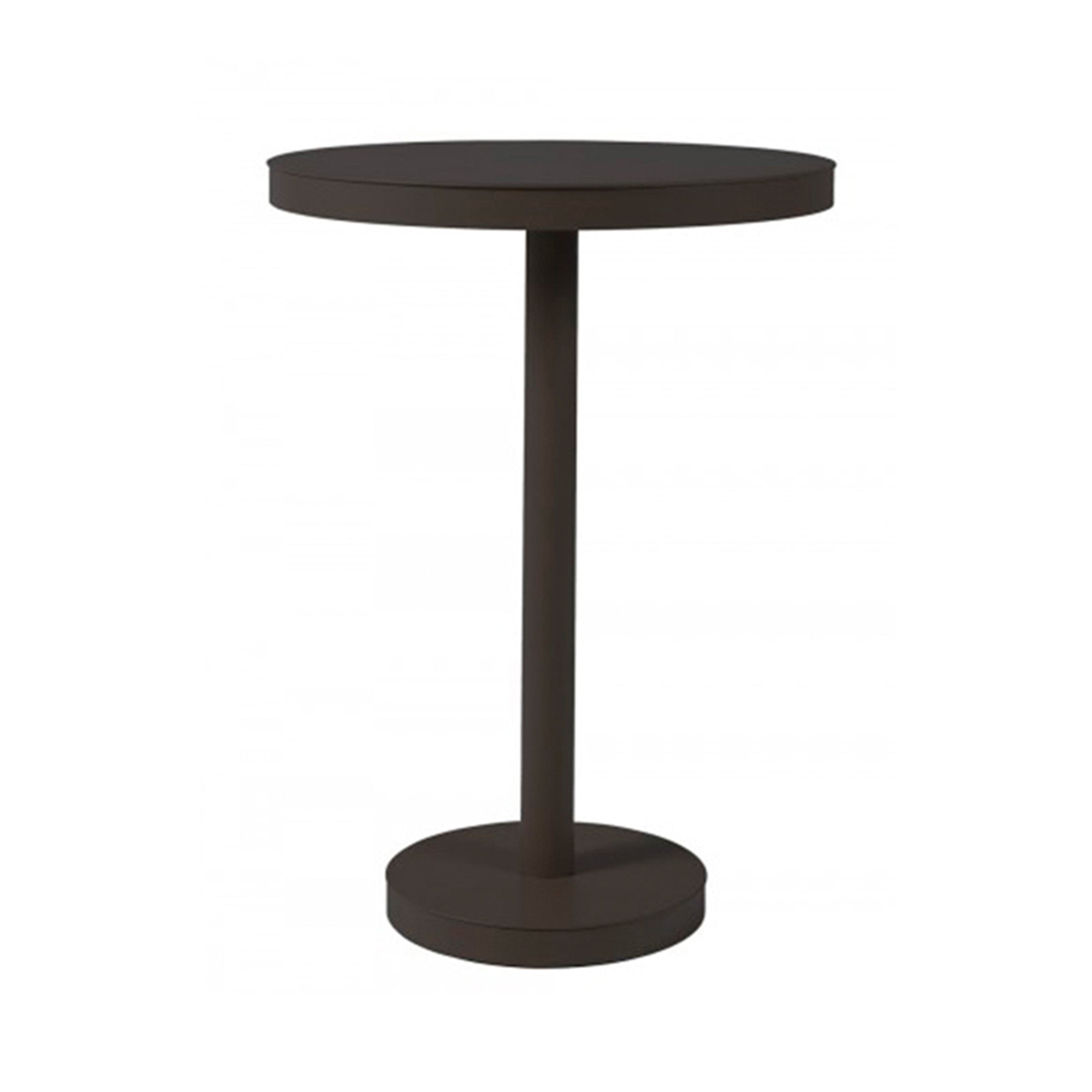 The Barcino Pie Central Round Table by Resol features a round, dark pedestal design made from powder-coated aluminum with a central column and circular base, set against a white background.
