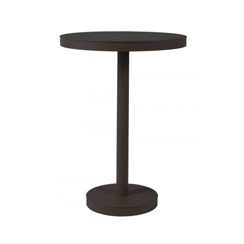 The Barcino Pie Central Round Table by Resol features a round, dark pedestal design made from powder-coated aluminum with a central column and circular base, set against a white background.