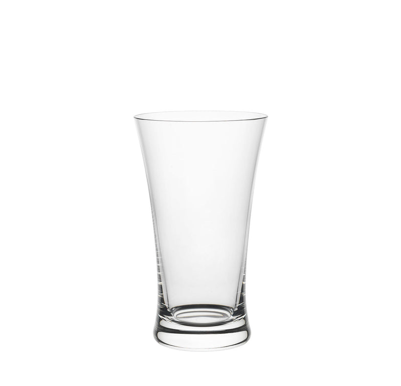 The Drinking Set No. 231 - Barock by Lobmeyr features mouth-blown, lead-free crystal with a slightly flared shape against a plain white background. Its transparent, smooth surface beautifully reflects light, demonstrating pristine clarity and craftsmanship.