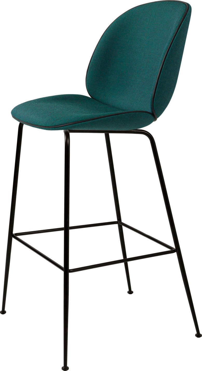 Bar stool with teal fabric curved seat and backrest, black piping, and slender black metal legs with a footrest frame