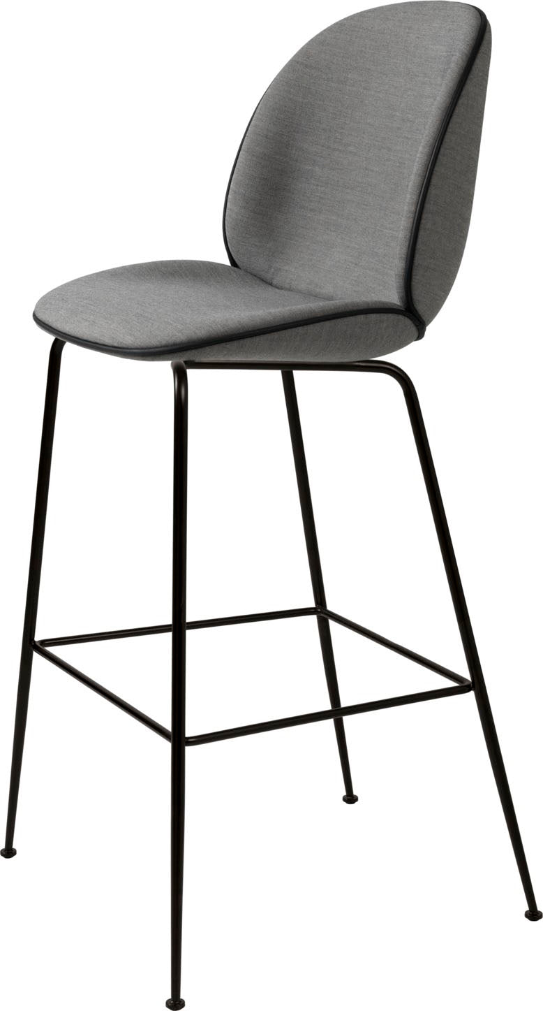 Bar stool with smooth gray fabric seat and backrest outlined by black piping, supported by slender black metal legs with square footrest frame