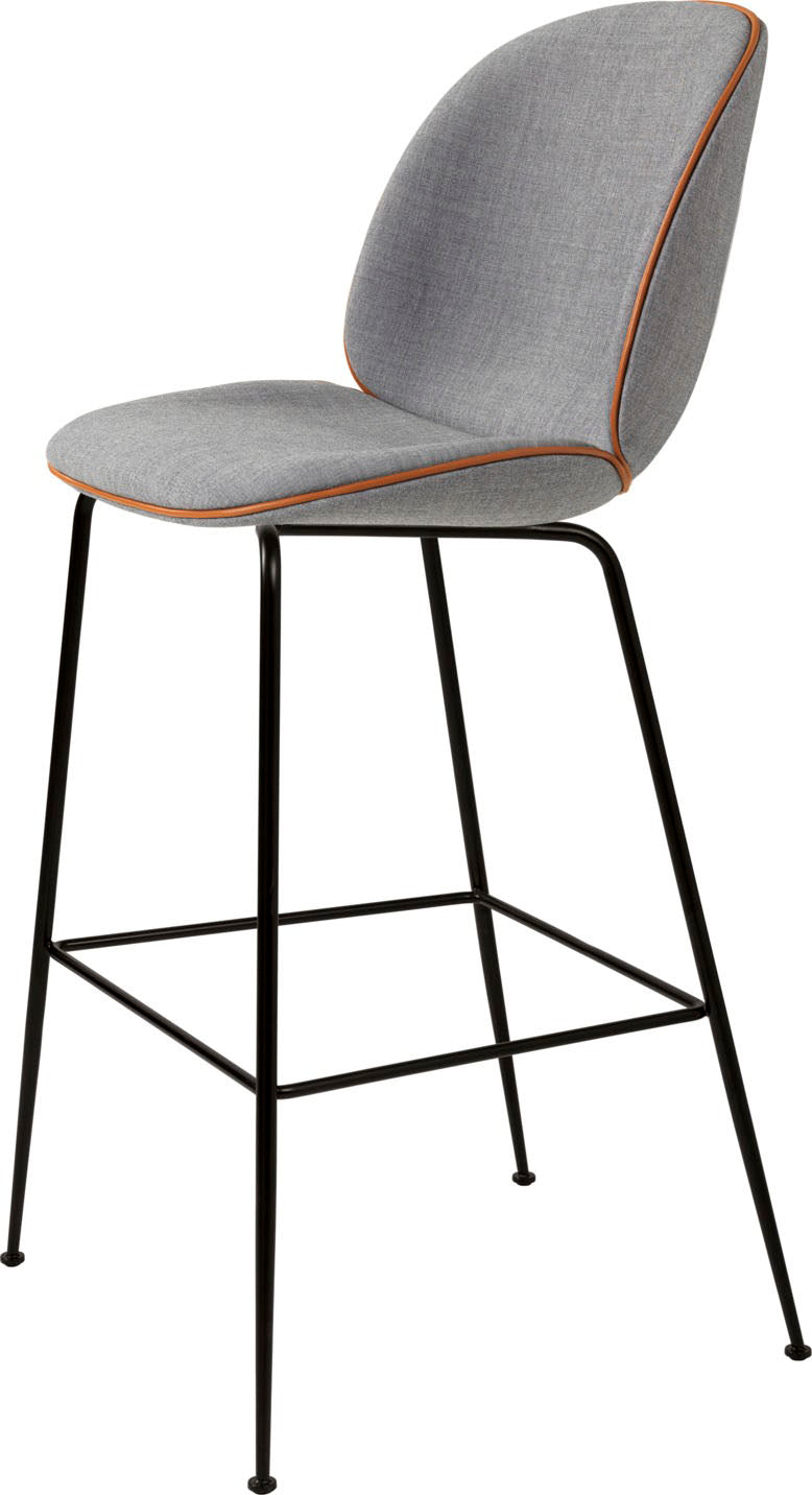 Bar stool with curved light gray fabric seat and backrest outlined in brown piping, supported by slender black metal legs with footrest frame
