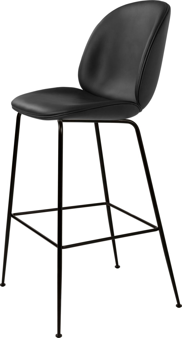 Black faux leather cushioned seat and backrest bar stool with tall slender black metal legs and footrest bars