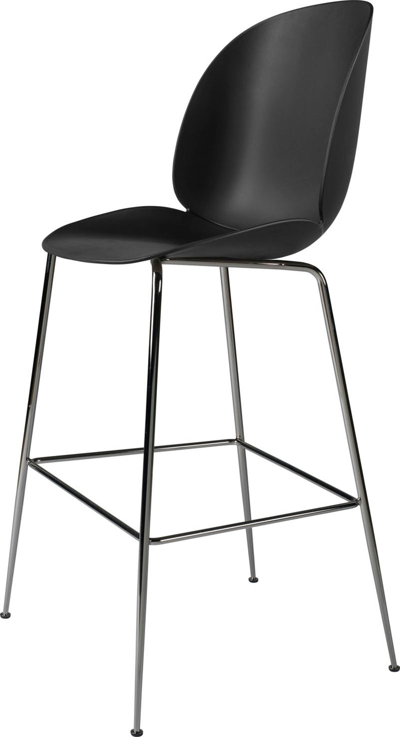 Barstool with smooth matte black curved plastic seat and backrest, supported by slender polished chrome metal legs with footrest bar