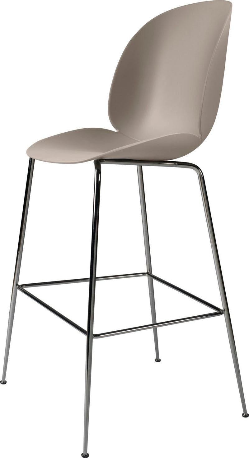 Barstool with smooth taupe plastic curved seat and backrest, supported by slender polished chrome metal legs with footrest