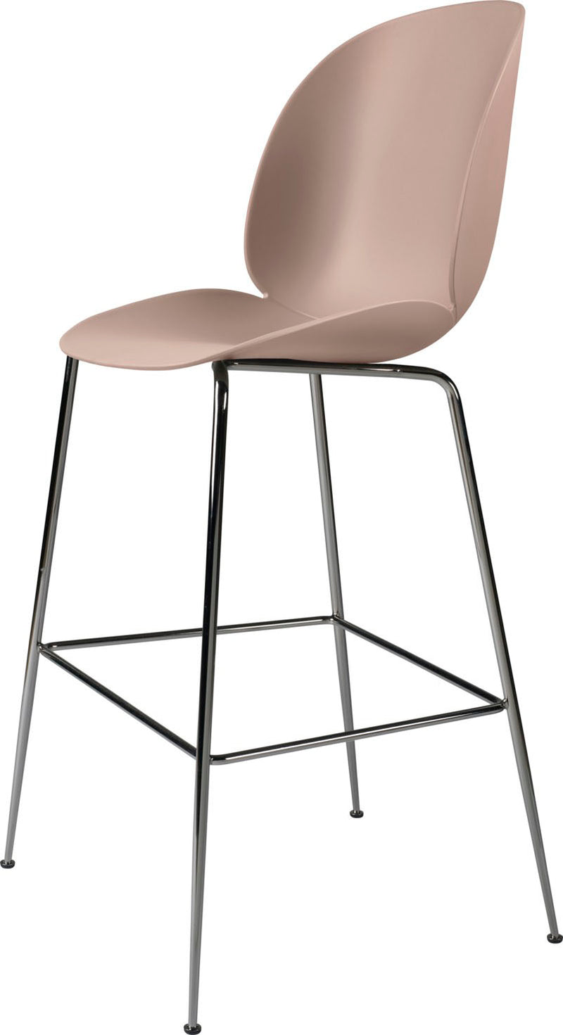 Barstool with a smooth dusty pink plastic curved seat and backrest, supported by shiny chrome metal legs with footrest