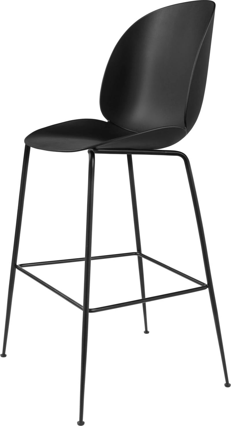 Barstool with smooth matte black plastic contoured seat and backrest, supported by slender black metal legs with footrest bar